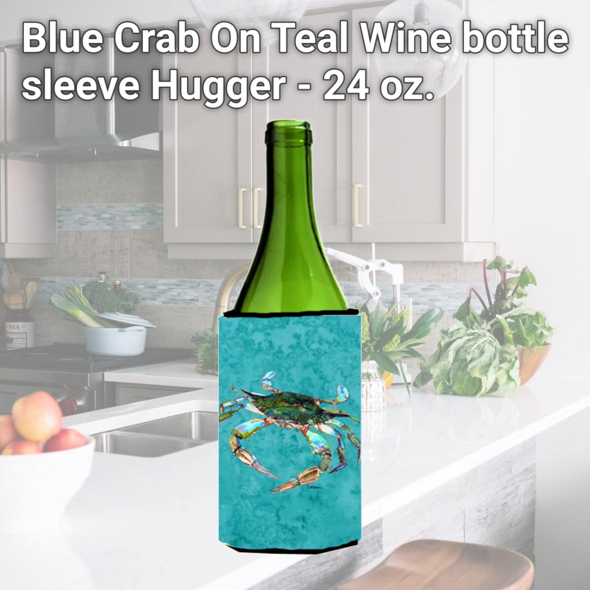 Picture of Carolines Treasures 8657LITERK Blue Crab On Teal Wine bottle sleeve Hugger - 24 oz.