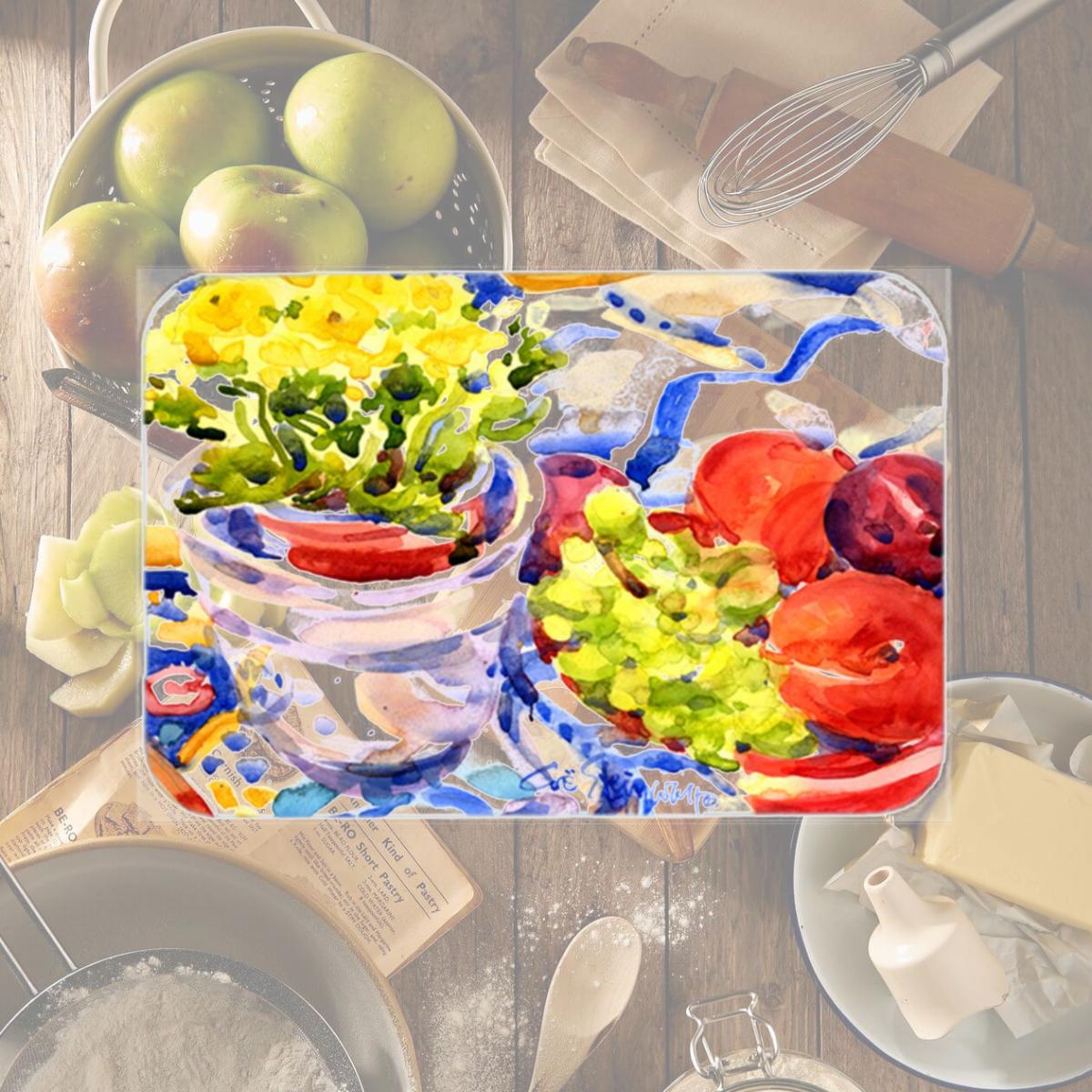 Picture of Carolines Treasures 6037LCB 15 x 12 in. Apples- Plums and Grapes with Flowers Glass Cutting Board- Large