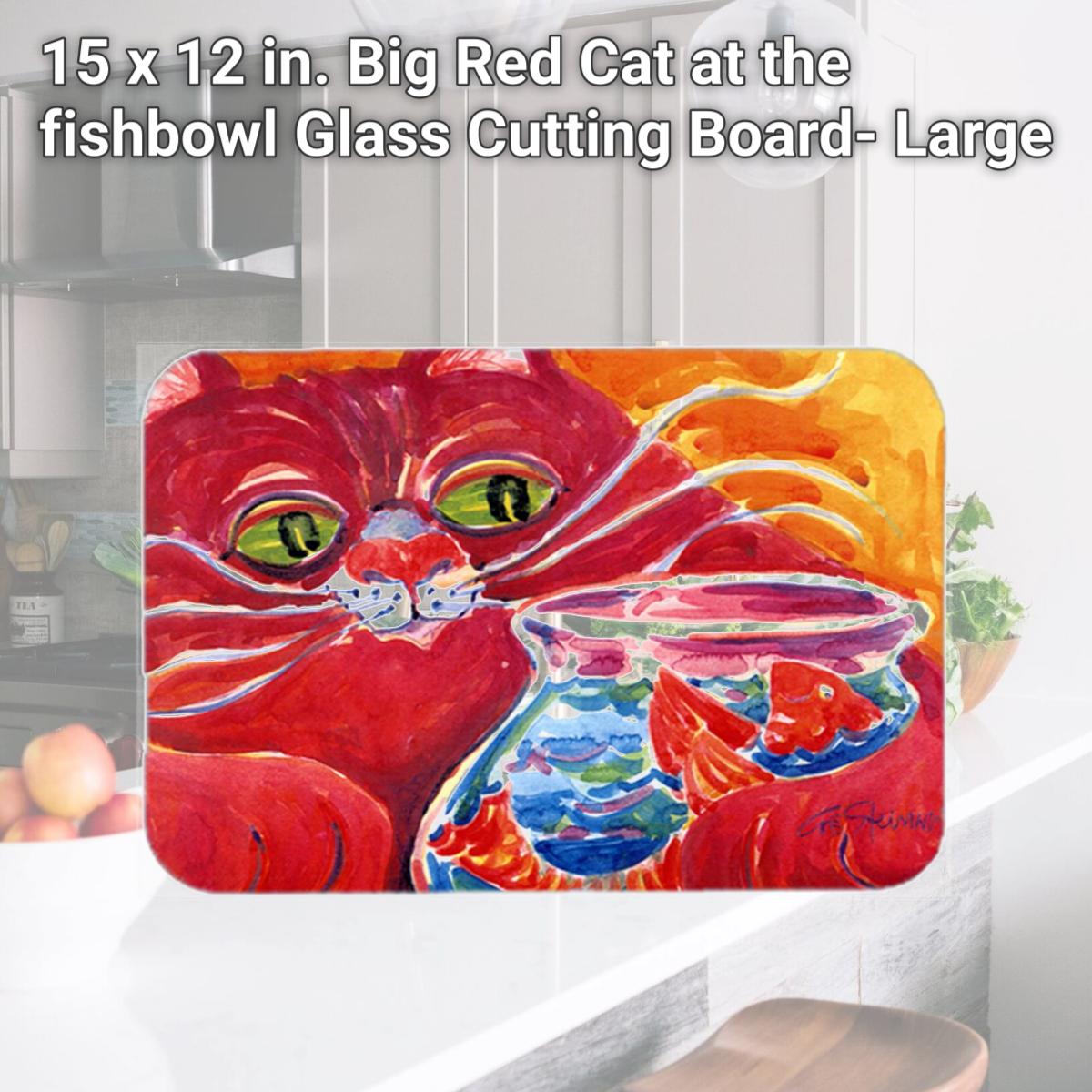 Picture of Carolines Treasures 6048LCB 15 x 12 in. Big Red Cat at the fishbowl Glass Cutting Board- Large