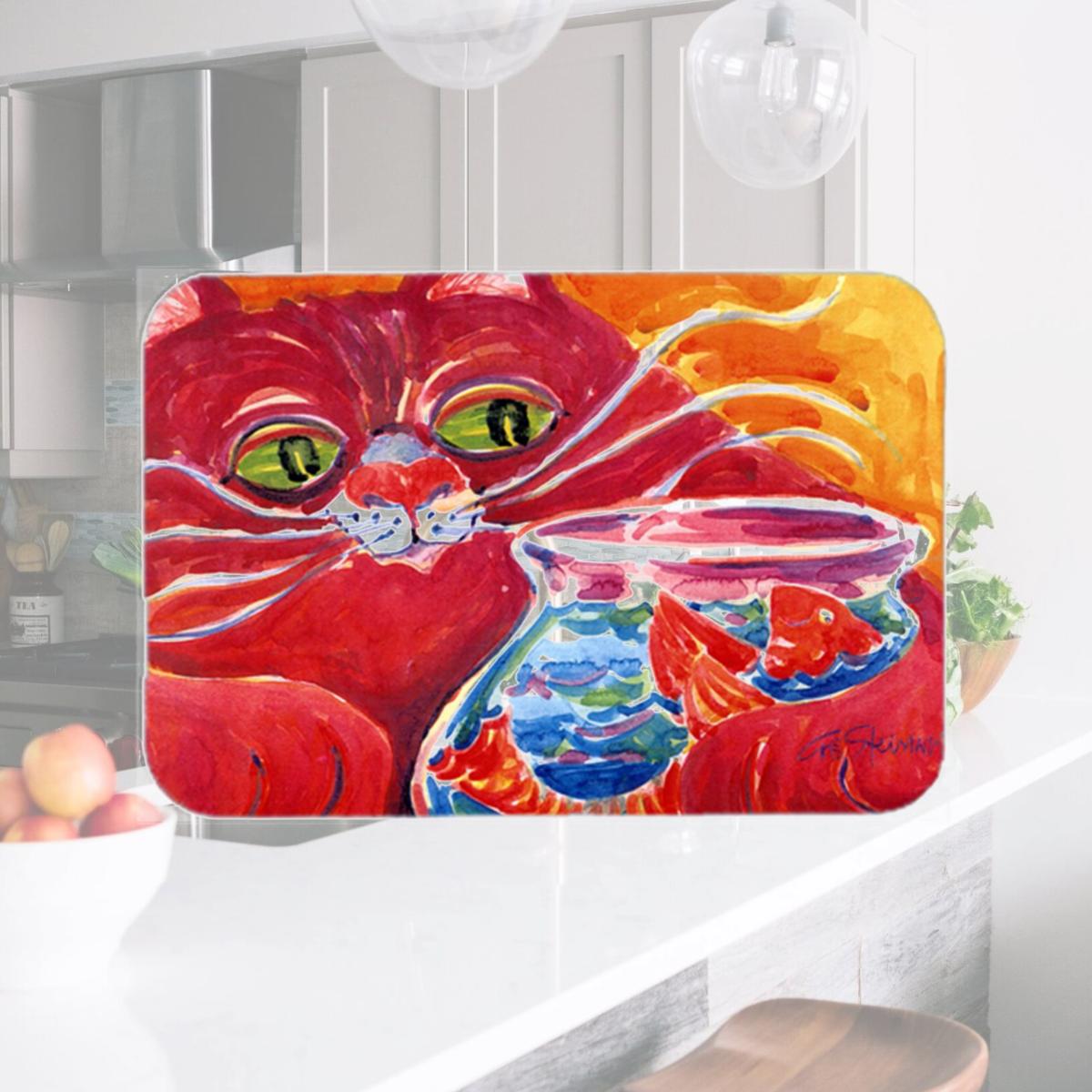 Picture of Carolines Treasures 6048LCB 15 x 12 in. Big Red Cat at the fishbowl Glass Cutting Board- Large