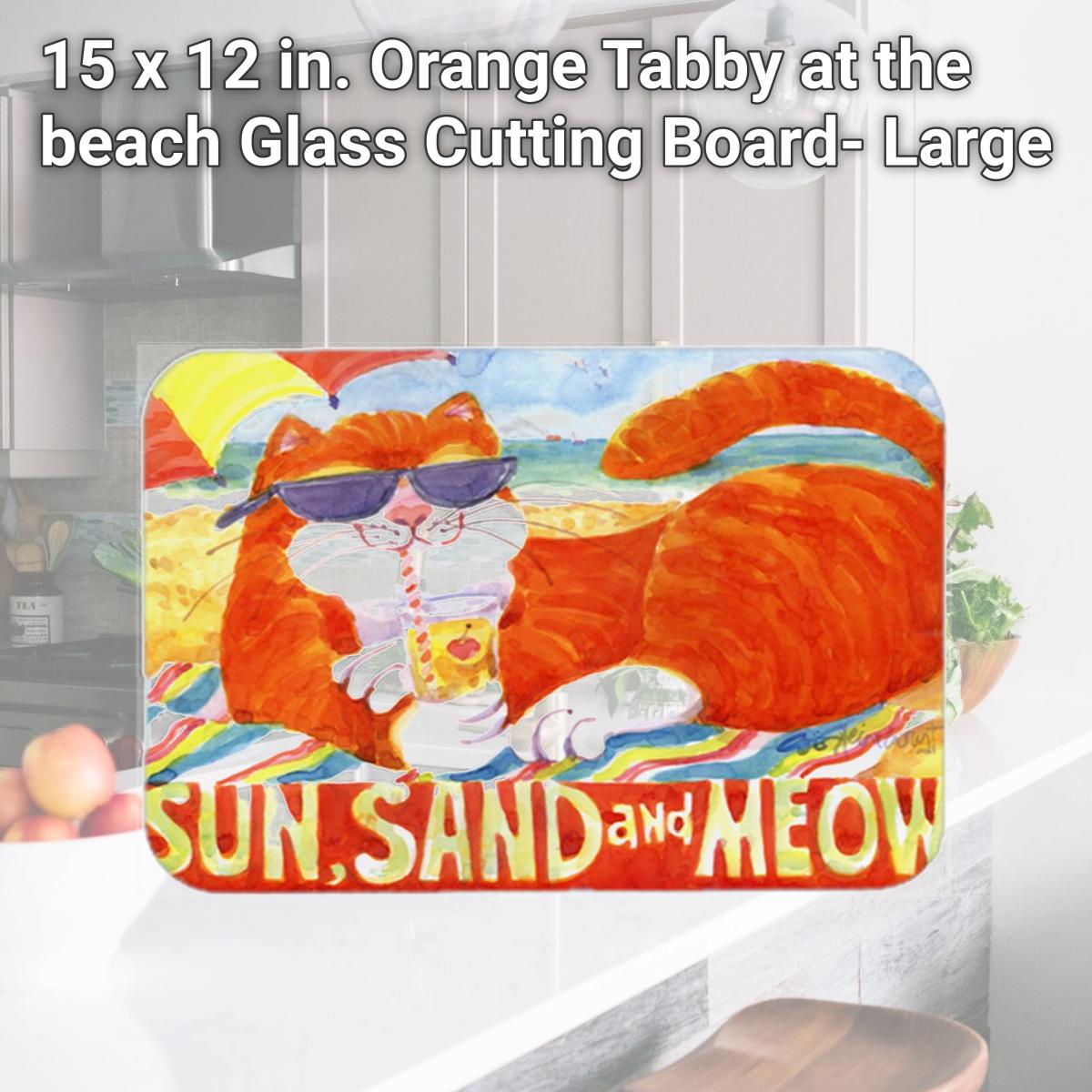Picture of Carolines Treasures 6050LCB 15 x 12 in. Orange Tabby at the beach Glass Cutting Board- Large