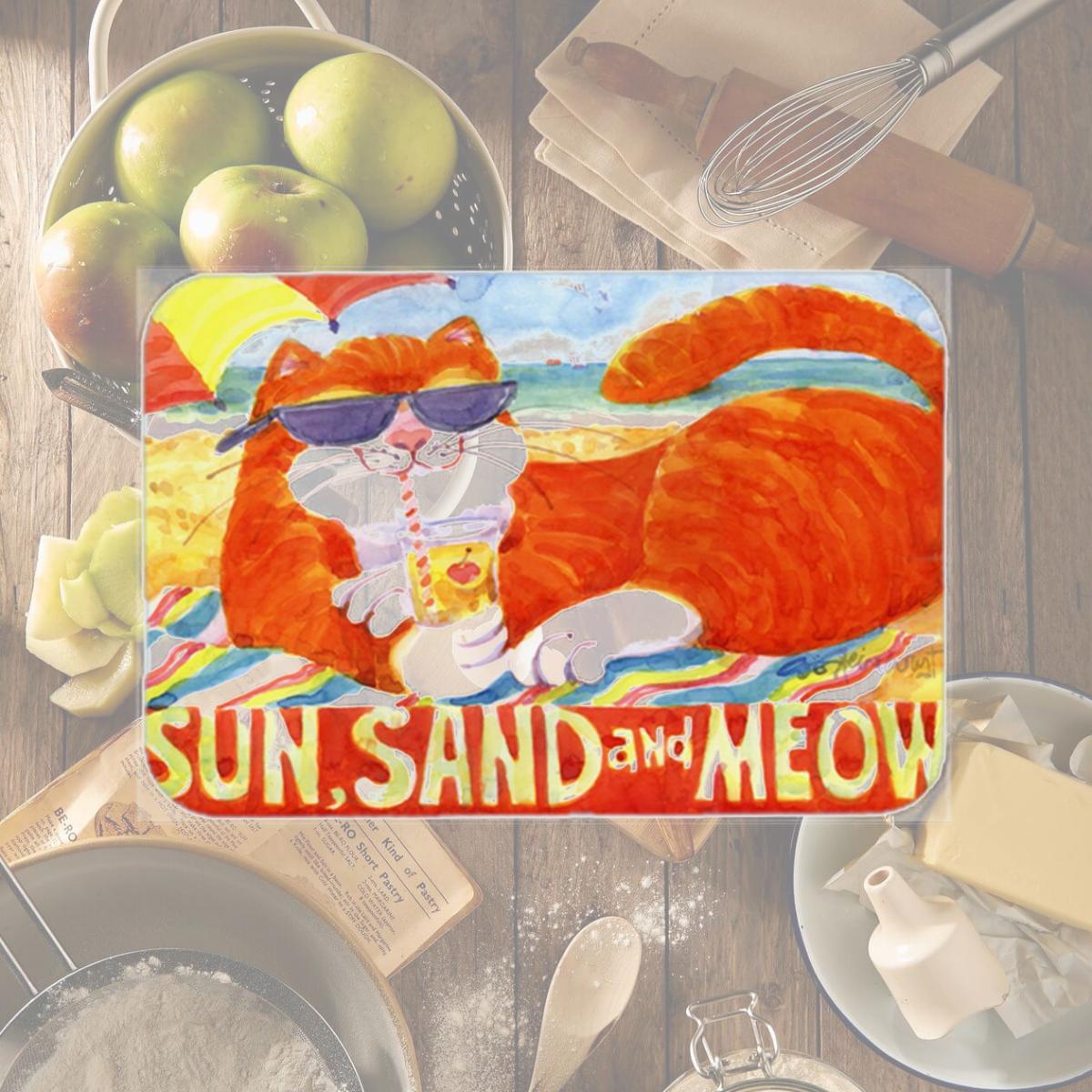 Picture of Carolines Treasures 6050LCB 15 x 12 in. Orange Tabby at the beach Glass Cutting Board- Large