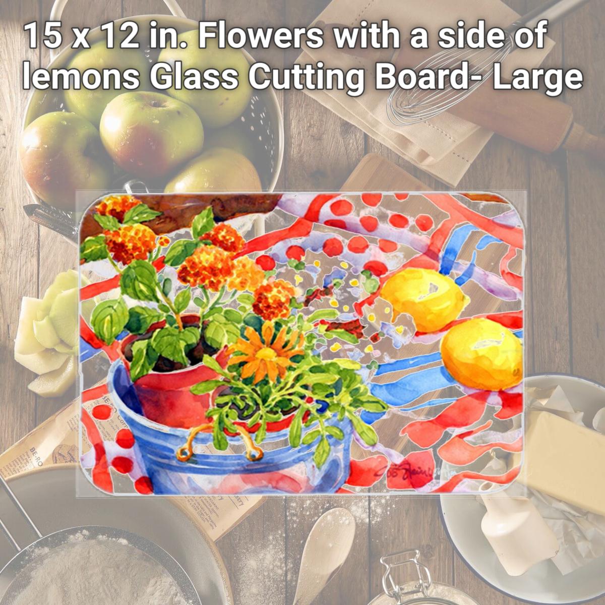 Picture of Carolines Treasures 6058LCB 15 x 12 in. Flowers with a side of lemons Glass Cutting Board- Large