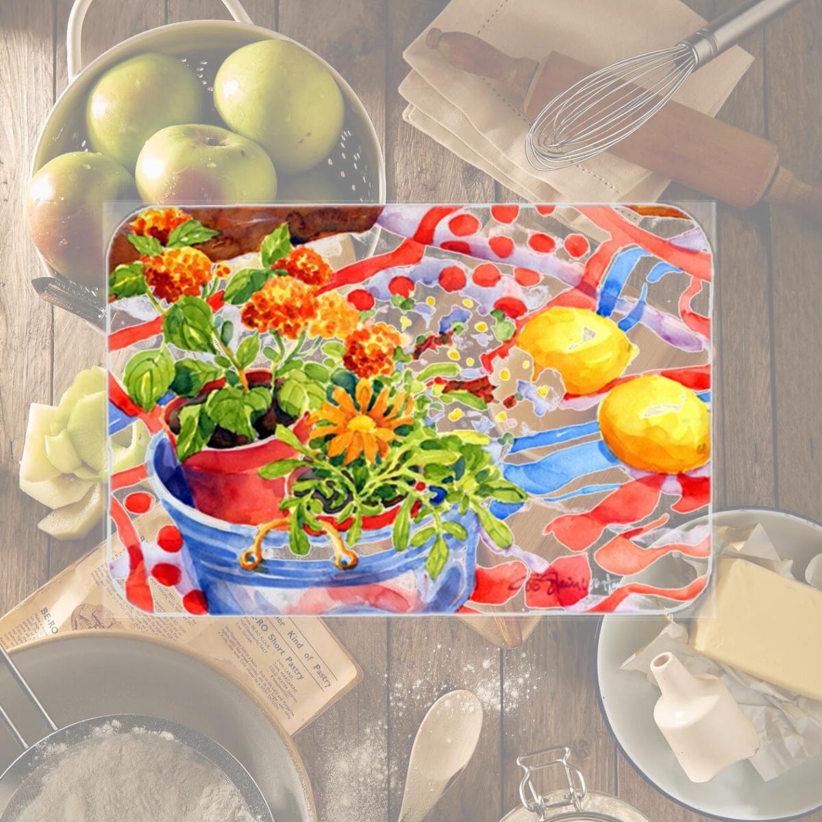 Picture of Carolines Treasures 6058LCB 15 x 12 in. Flowers with a side of lemons Glass Cutting Board- Large
