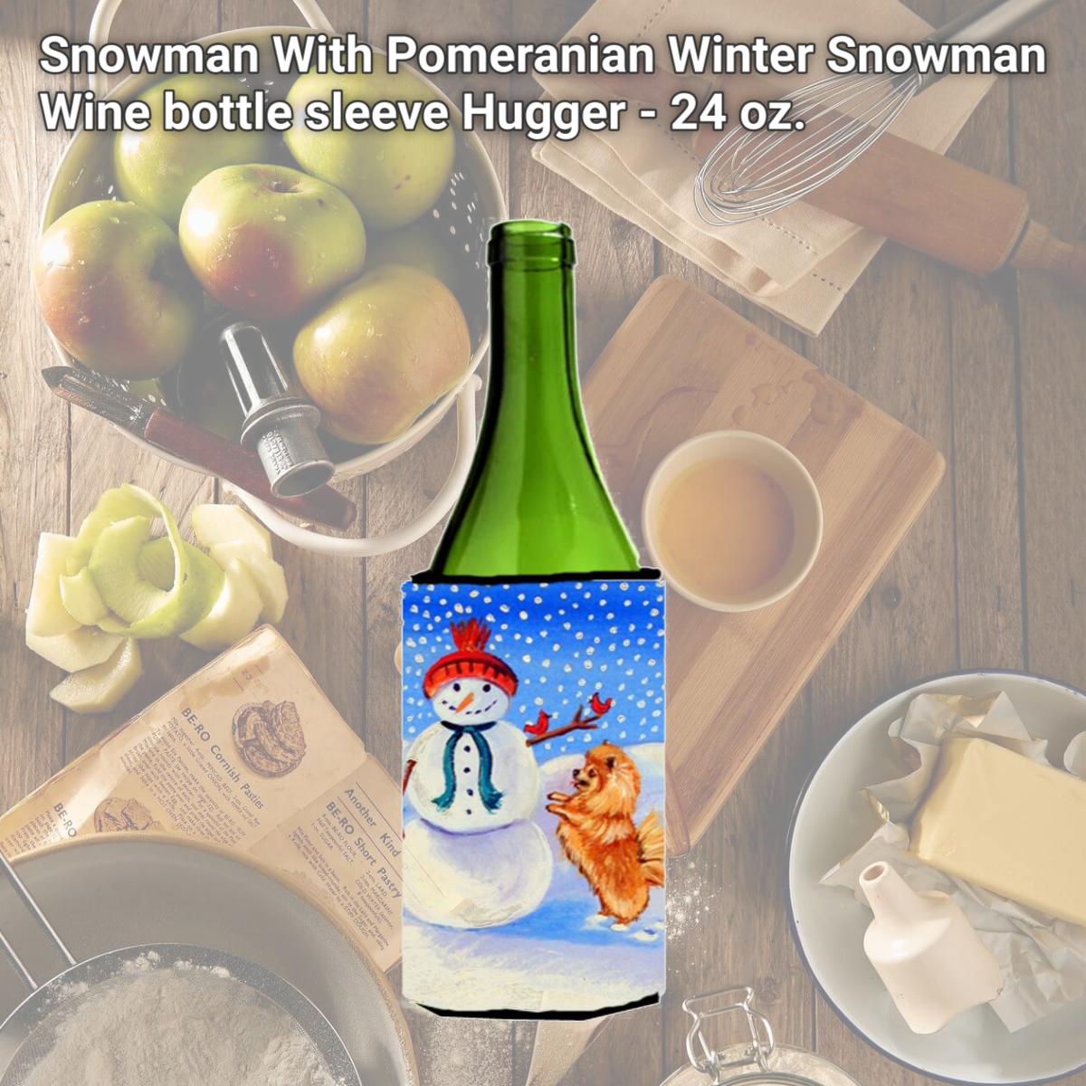 Picture of Carolines Treasures 7151LITERK Snowman With Pomeranian Winter Snowman Wine bottle sleeve Hugger - 24 oz.