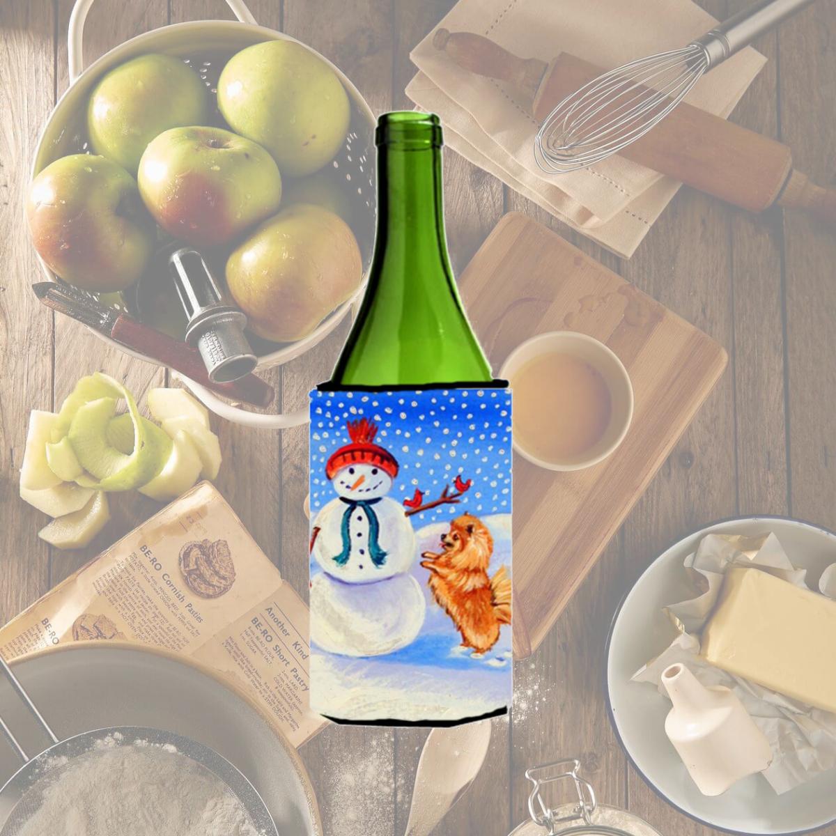 Picture of Carolines Treasures 7151LITERK Snowman With Pomeranian Winter Snowman Wine bottle sleeve Hugger - 24 oz.