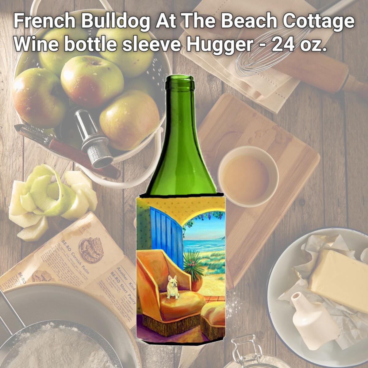 Picture of Carolines Treasures 7181LITERK French Bulldog At The Beach Cottage Wine bottle sleeve Hugger - 24 oz.