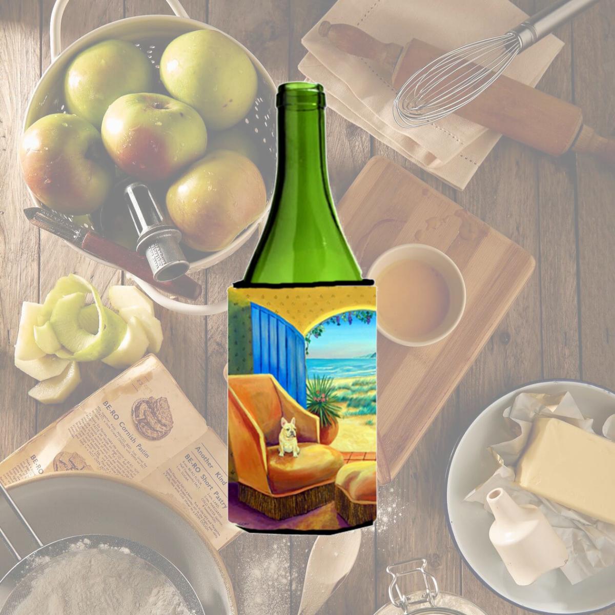 Picture of Carolines Treasures 7181LITERK French Bulldog At The Beach Cottage Wine bottle sleeve Hugger - 24 oz.