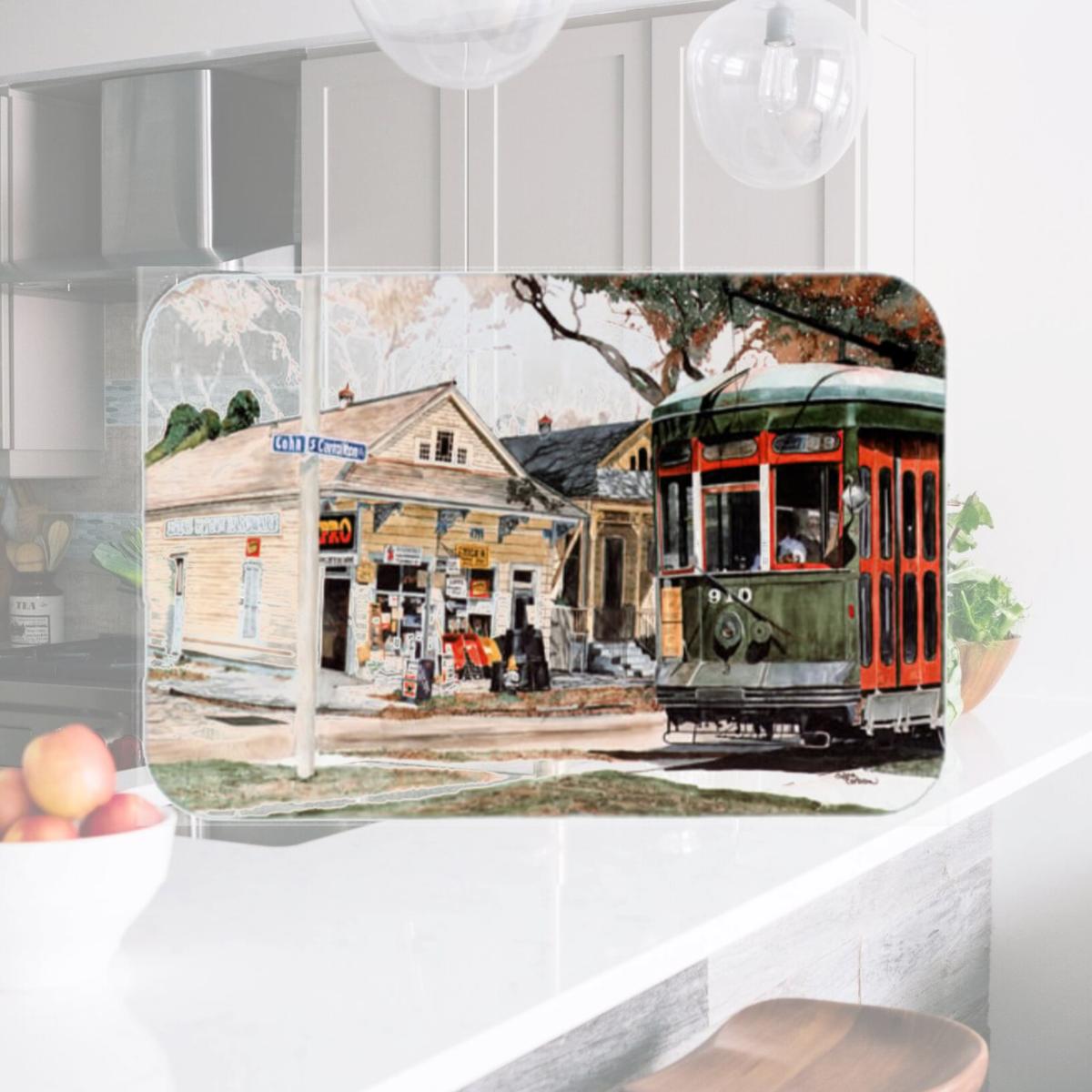 Picture of Carolines Treasures 8108LCB 15 x 12 in. New Orleans Streetcar Glass Cutting Board- Large