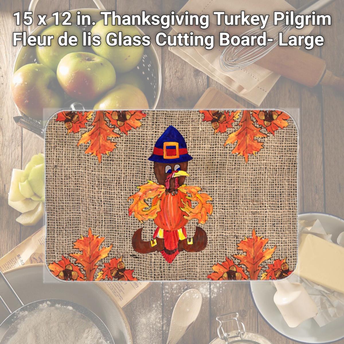 Picture of Carolines Treasures 8743LCB 15 x 12 in. Thanksgiving Turkey Pilgrim Fleur de lis Glass Cutting Board- Large