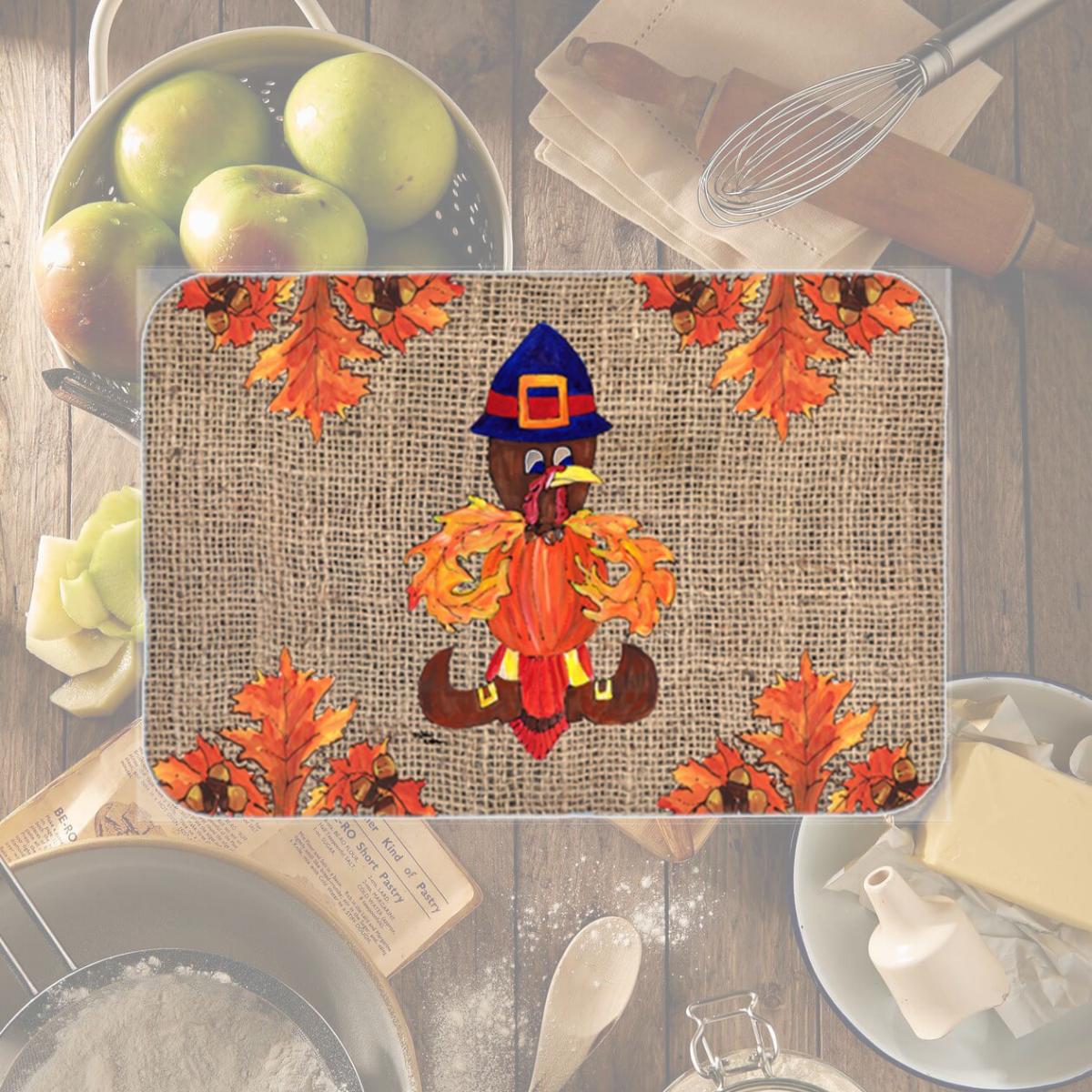 Picture of Carolines Treasures 8743LCB 15 x 12 in. Thanksgiving Turkey Pilgrim Fleur de lis Glass Cutting Board- Large
