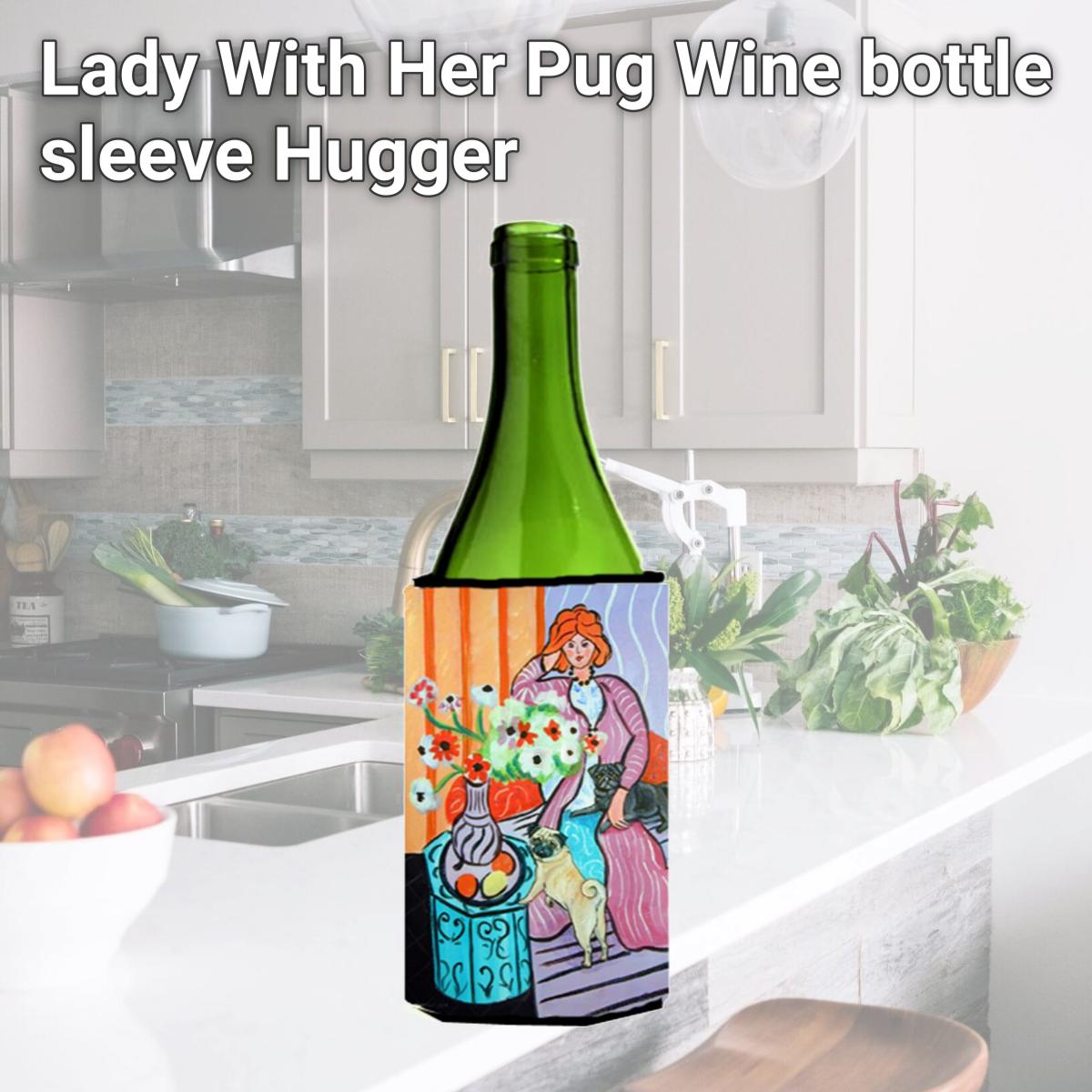 Picture of Carolines Treasures 7266LITERK Lady With Her Pug Wine bottle sleeve Hugger