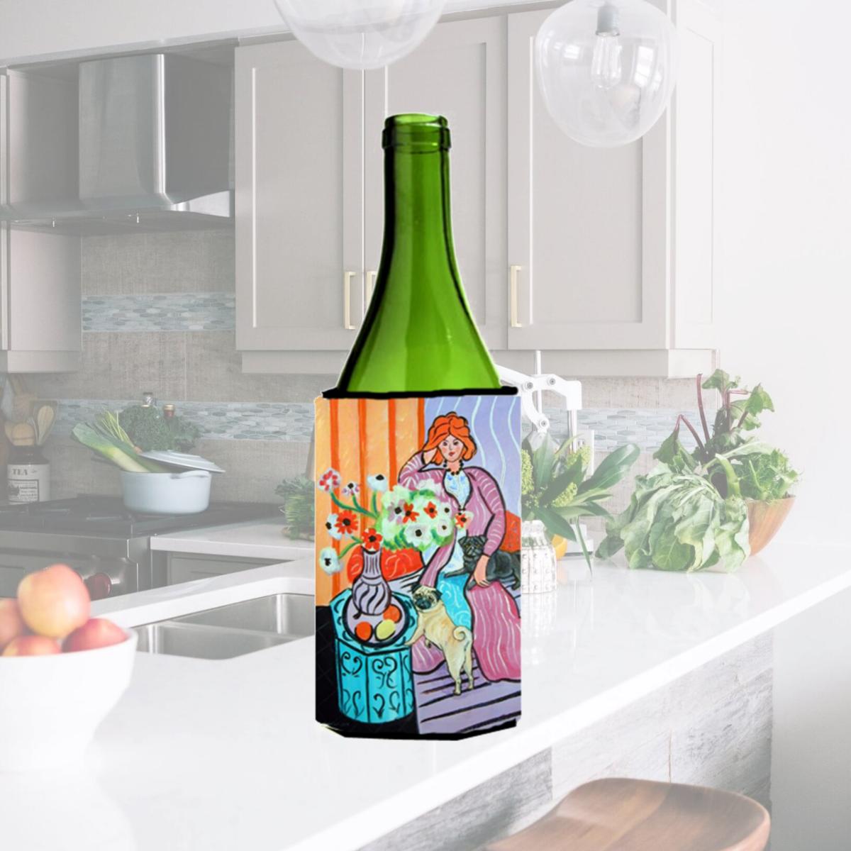 Picture of Carolines Treasures 7266LITERK Lady With Her Pug Wine bottle sleeve Hugger