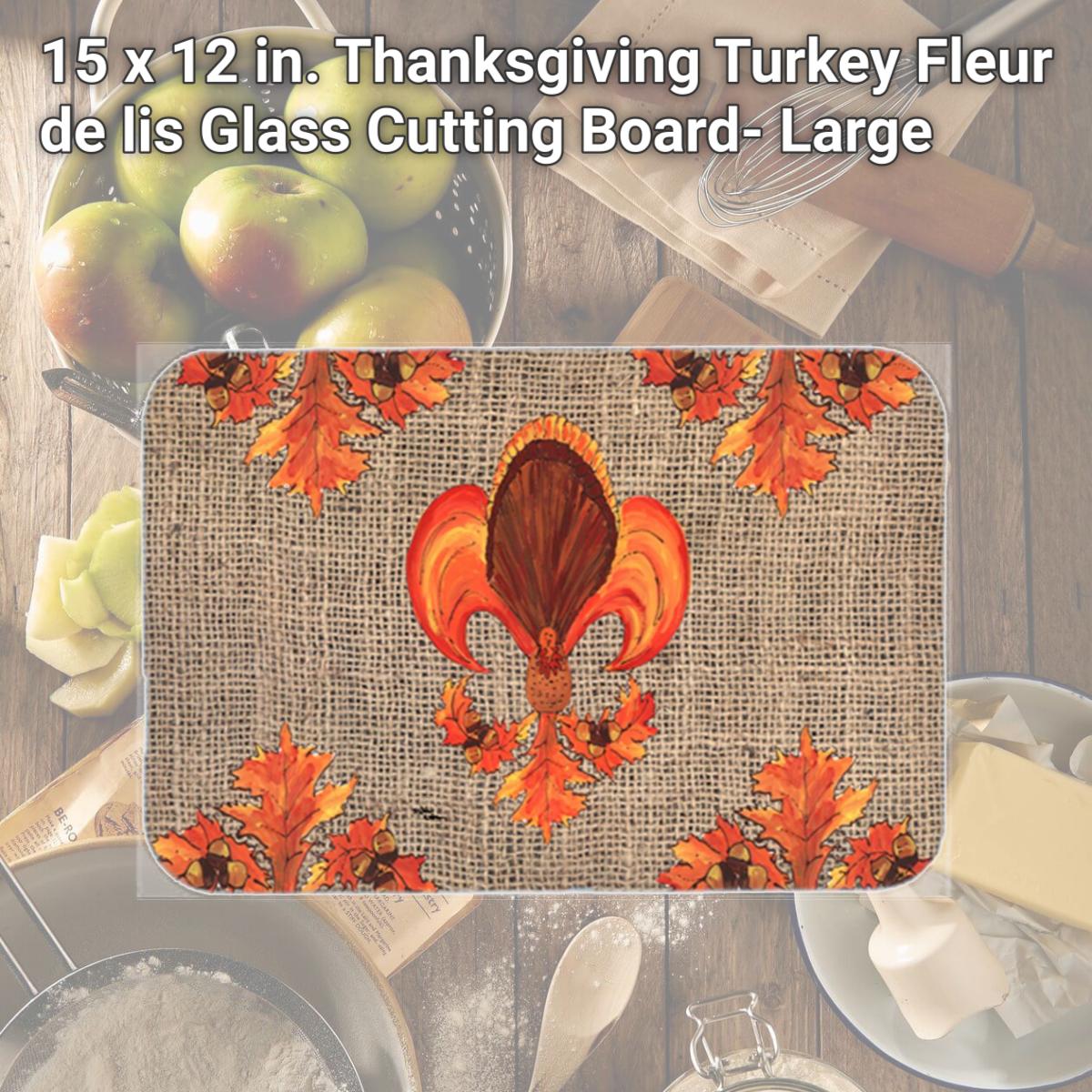 Picture of Carolines Treasures 8744LCB 15 x 12 in. Thanksgiving Turkey Fleur de lis Glass Cutting Board- Large