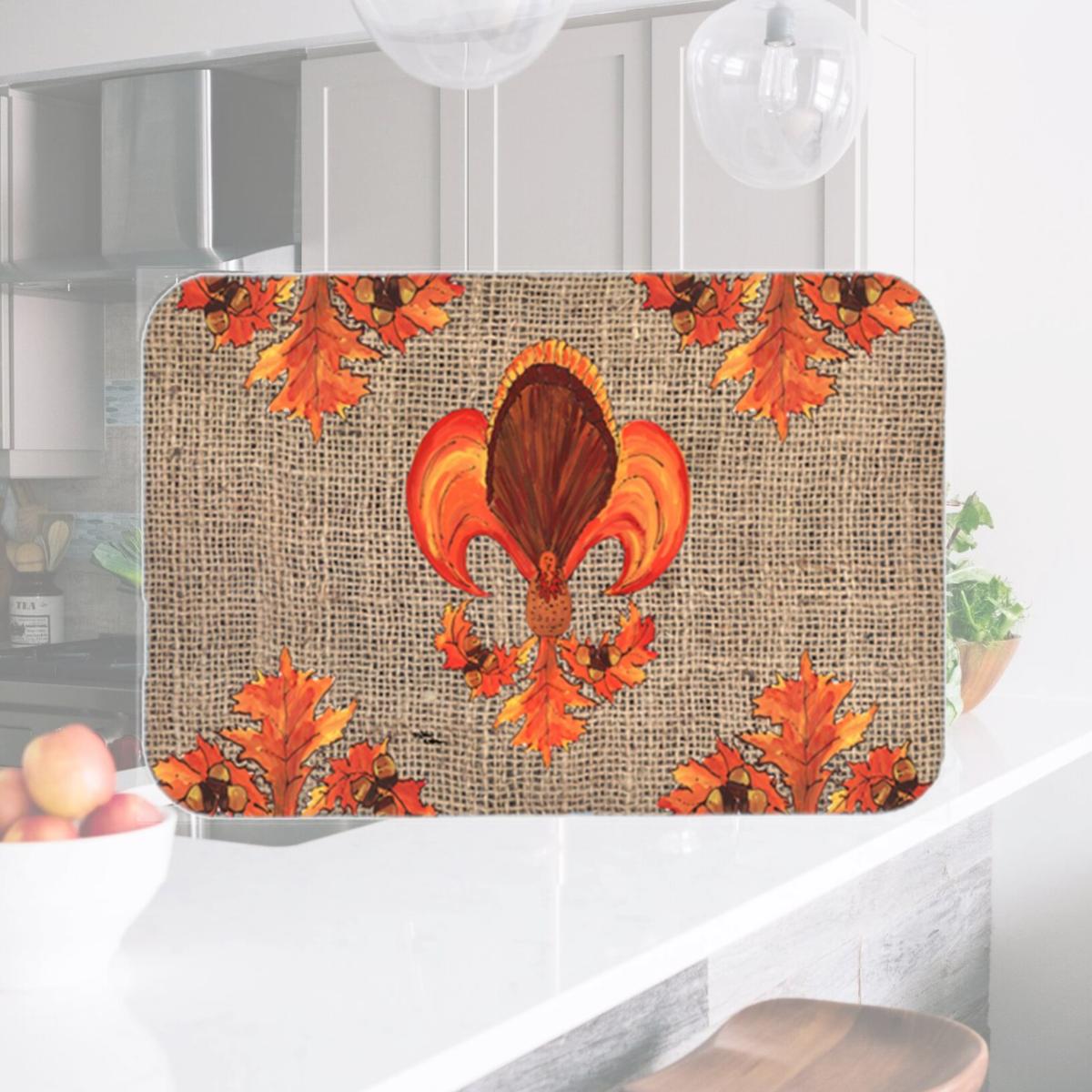 Picture of Carolines Treasures 8744LCB 15 x 12 in. Thanksgiving Turkey Fleur de lis Glass Cutting Board- Large