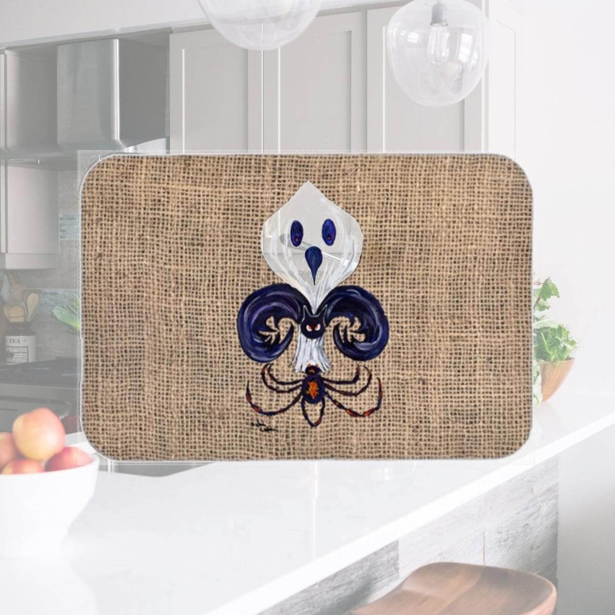 Picture of Carolines Treasures 8749LCB 15 x 12 in. Halloween Ghost Spider Bat Fleur de lis Glass Cutting Board- Large