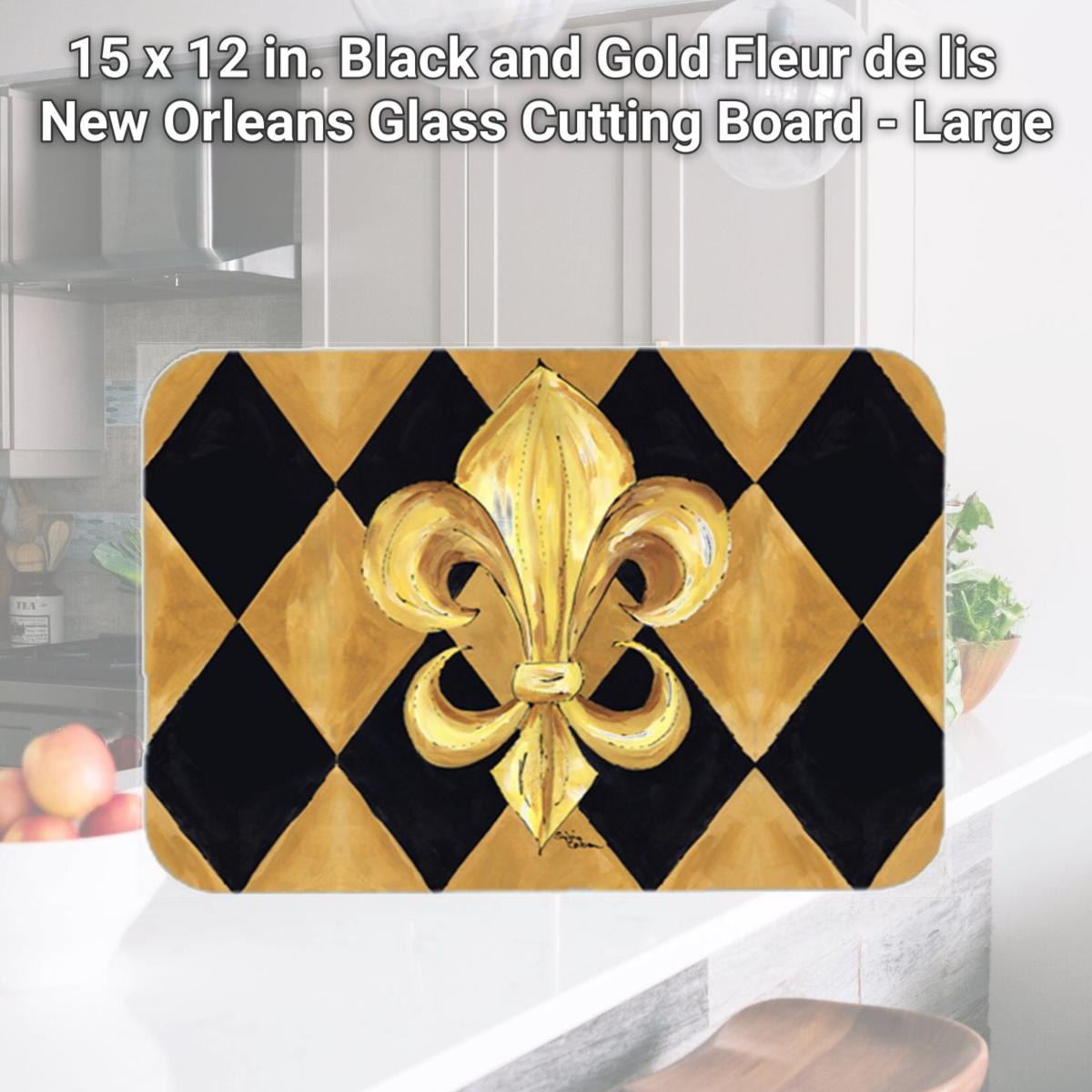 Picture of Carolines Treasures 8125LCB 15 x 12 in. Black and Gold Fleur de lis New Orleans Glass Cutting Board - Large