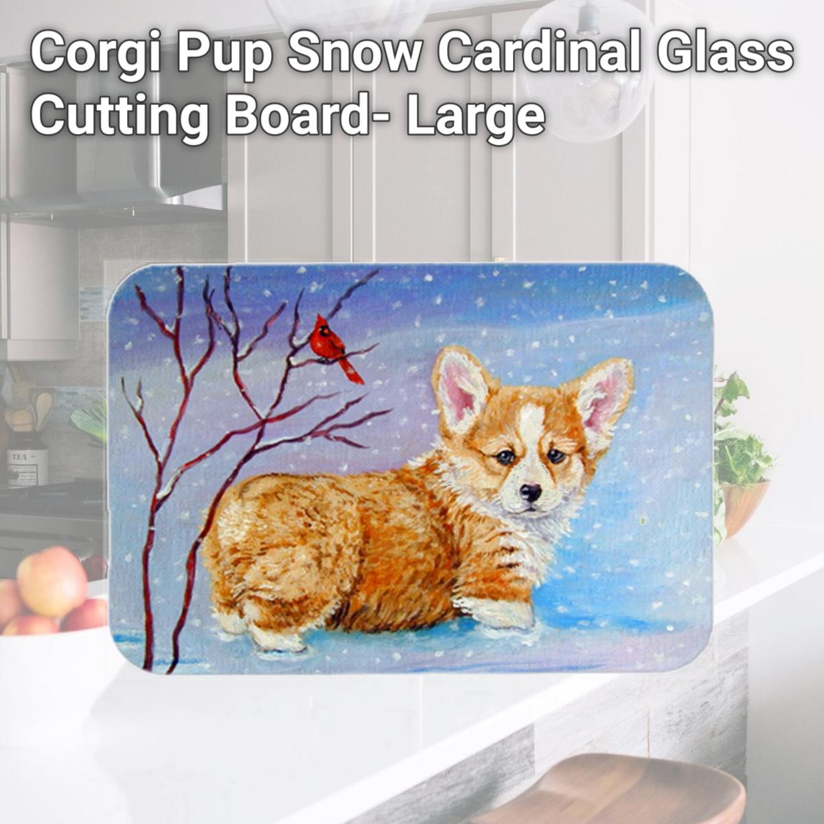 Picture of Carolines Treasures 7327LCB Corgi Pup Snow Cardinal Glass Cutting Board- Large