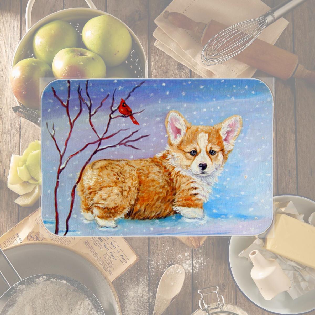 Picture of Carolines Treasures 7327LCB Corgi Pup Snow Cardinal Glass Cutting Board- Large