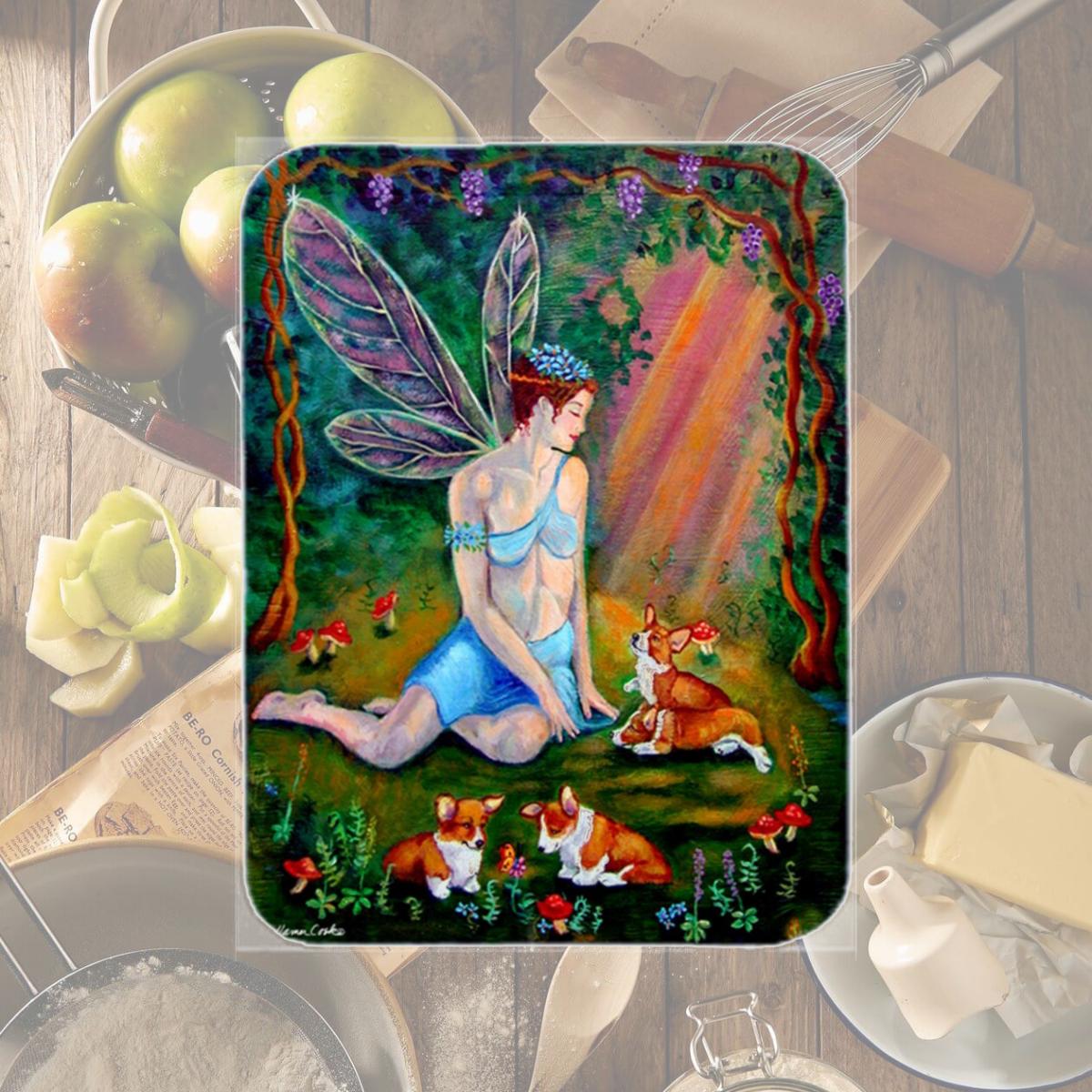 Picture of Carolines Treasures 7295LCB Fairy In The Woods With Her Corgis Glass Cutting Board- Large