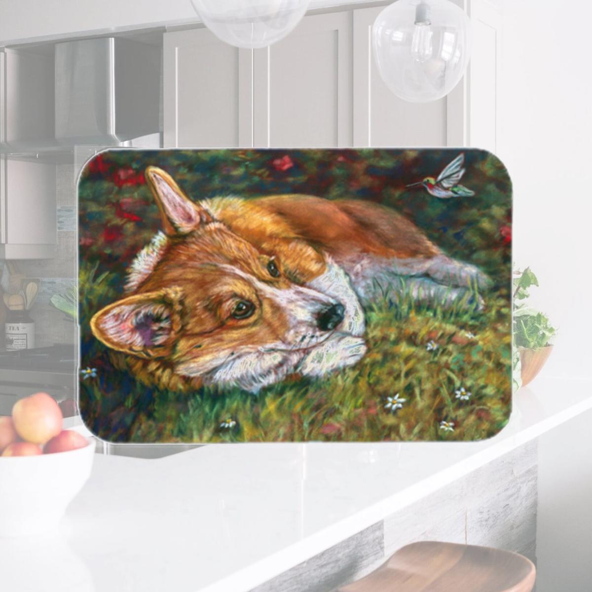 Picture of Carolines Treasures 7326LCB Corgi Pastel Hummingbird Glass Cutting Board- Large