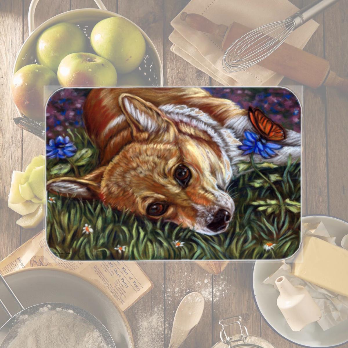 Picture of Carolines Treasures 7325LCB Corgi Pastel Butterfly Glass Cutting Board- Large