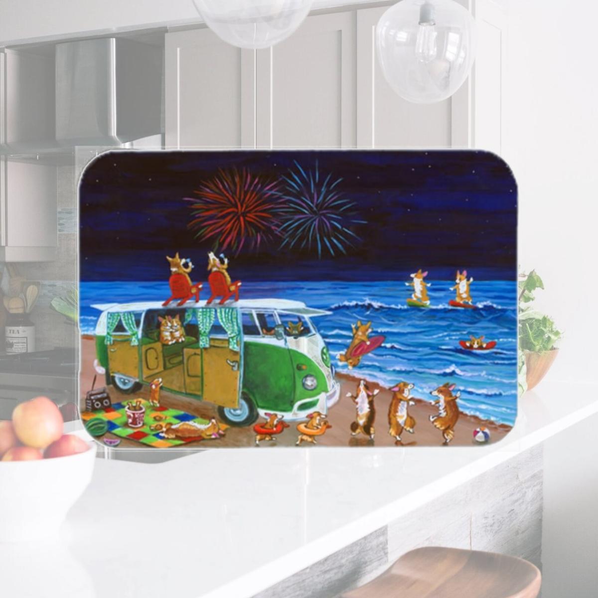 Picture of Carolines Treasures 7317LCB Corgi Beach Party Volkswagon Bus Fireworks Glass Cutting Board- Large