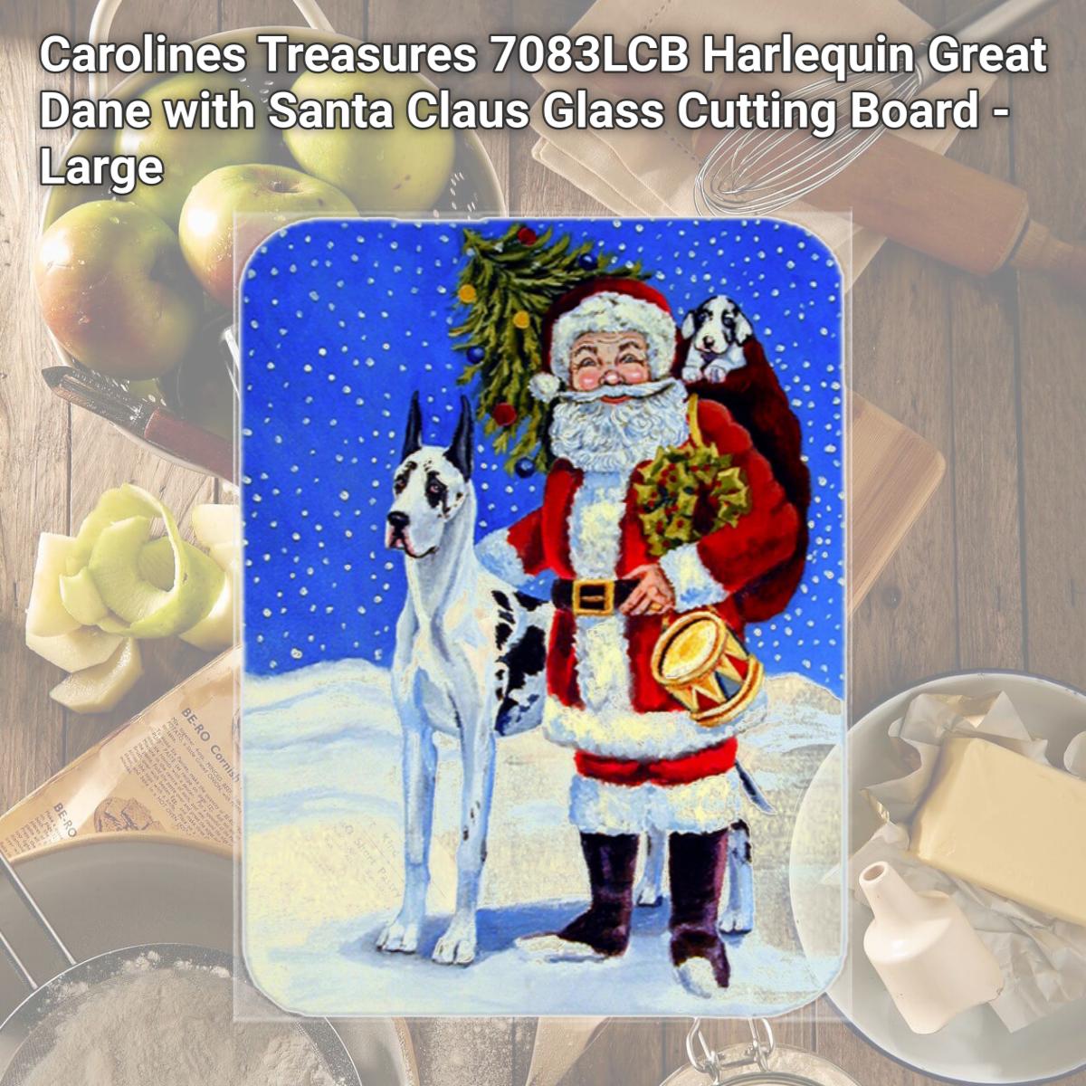 Picture of Carolines Treasures 7083LCB Harlequin Great Dane with Santa Claus Glass Cutting Board - Large