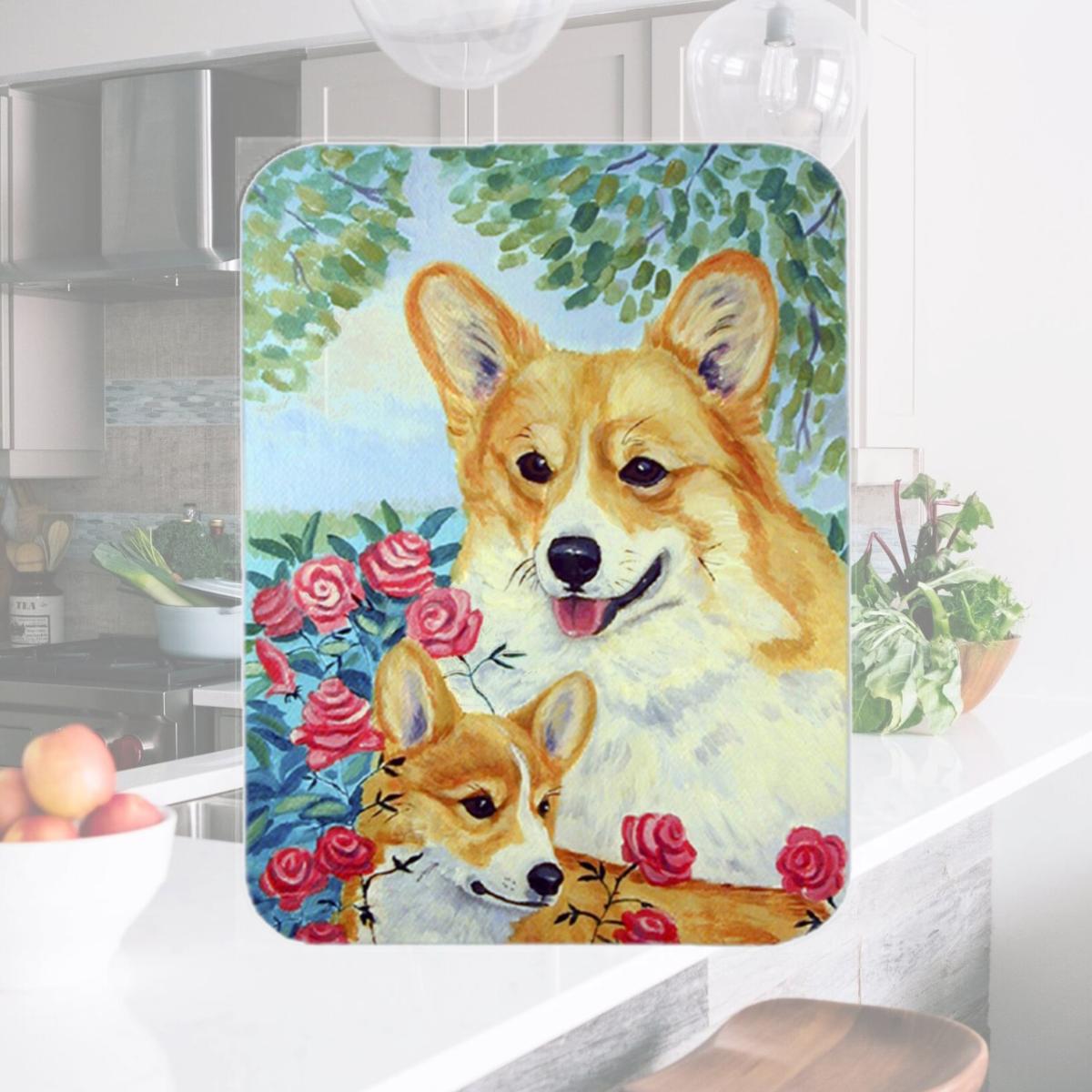 Picture of Carolines Treasures 7084LCB Corgi Mommas Love and Roses Glass Cutting Board - Large