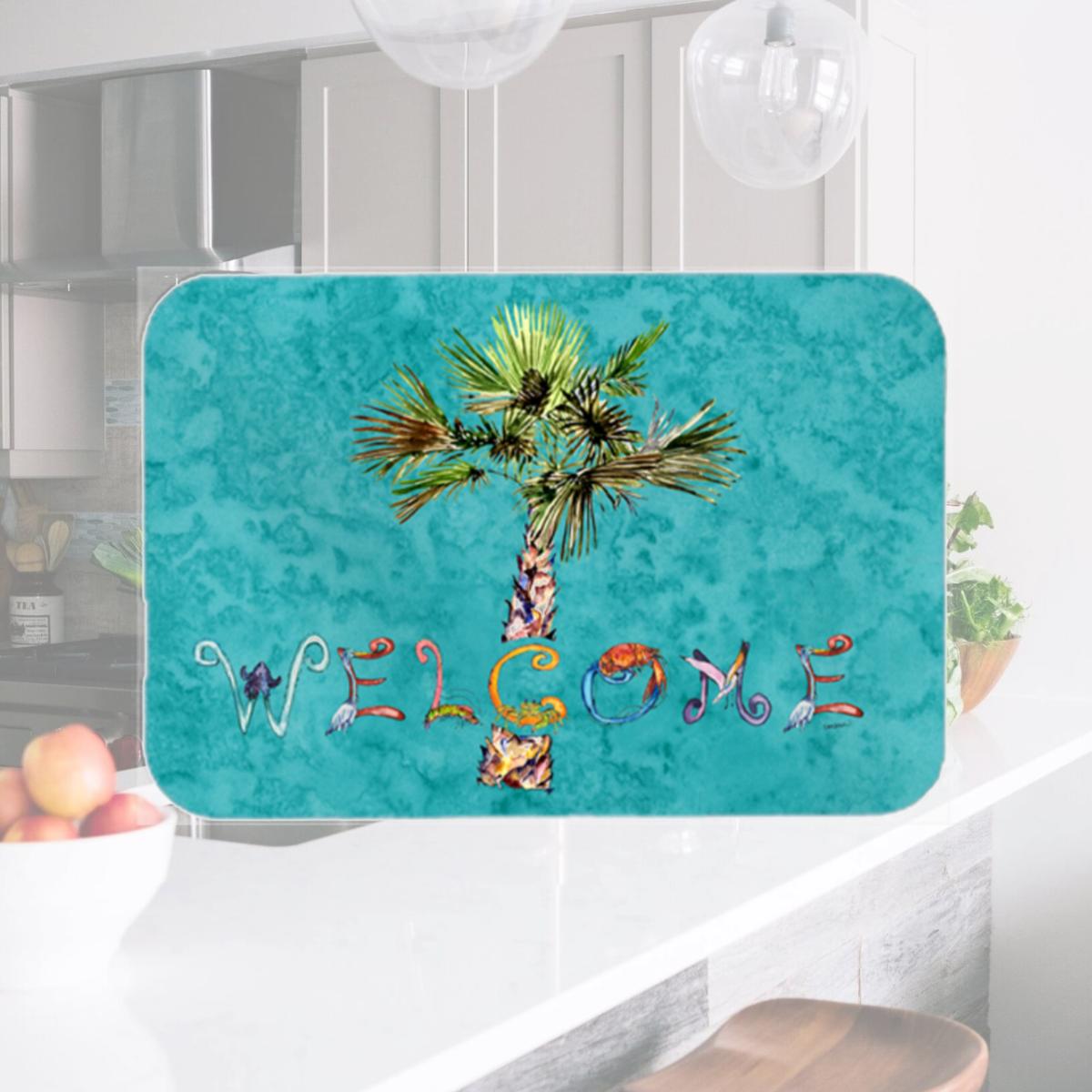 Picture of Carolines Treasures 8711LCB Welcome Palm Tree On Teal Glass Cutting Board- Large