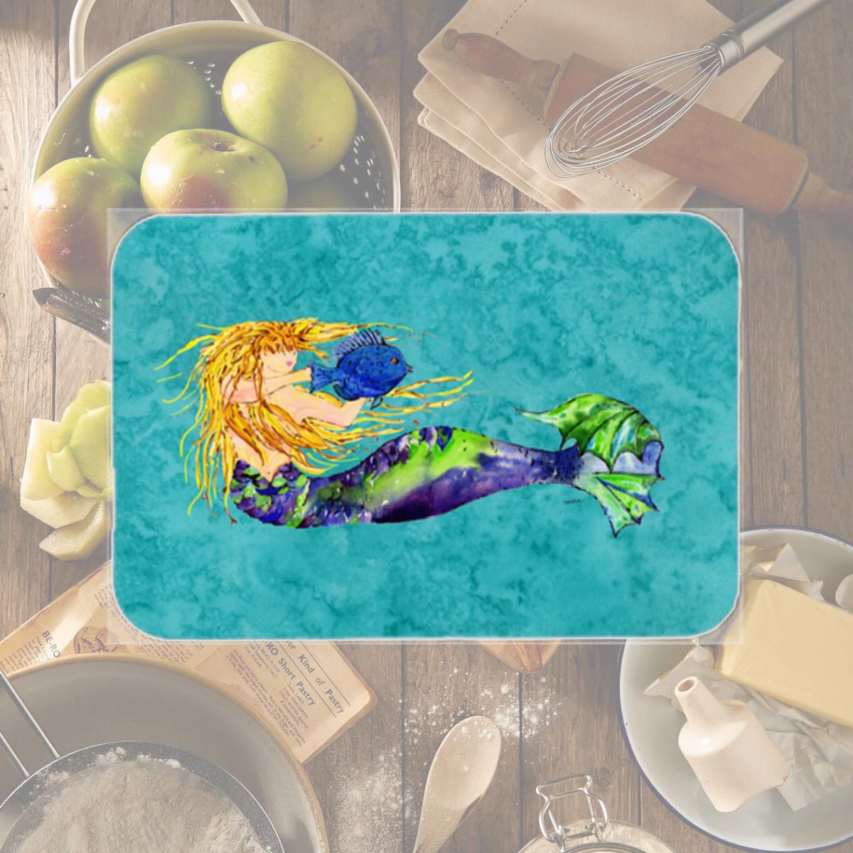 Picture of Carolines Treasures 8724LCB Blonde Mermaid On Teal Glass Cutting Board- Large