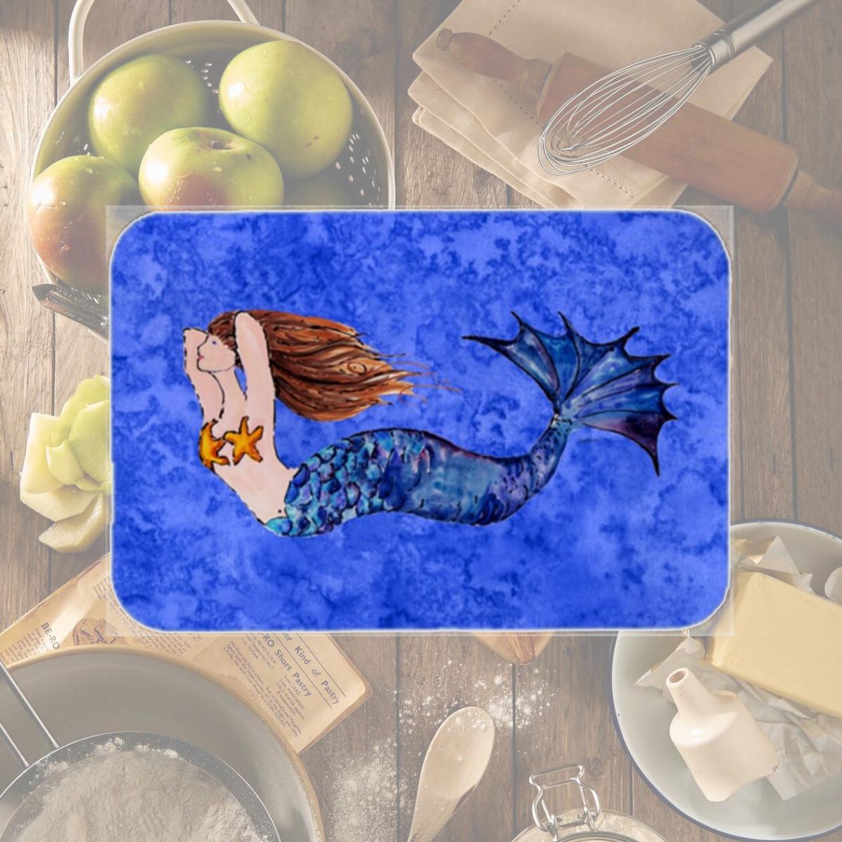 Picture of Carolines Treasures 8725LCB Brunette Mermaid On Blue Glass Cutting Board- Large