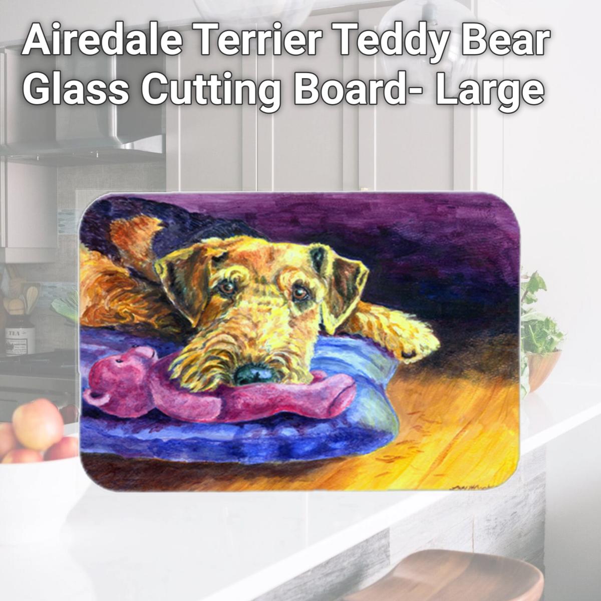 Picture of Carolines Treasures 7345LCB Airedale Terrier Teddy Bear Glass Cutting Board- Large