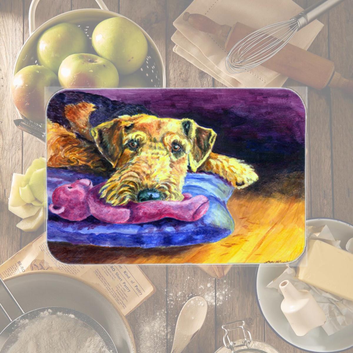 Picture of Carolines Treasures 7345LCB Airedale Terrier Teddy Bear Glass Cutting Board- Large
