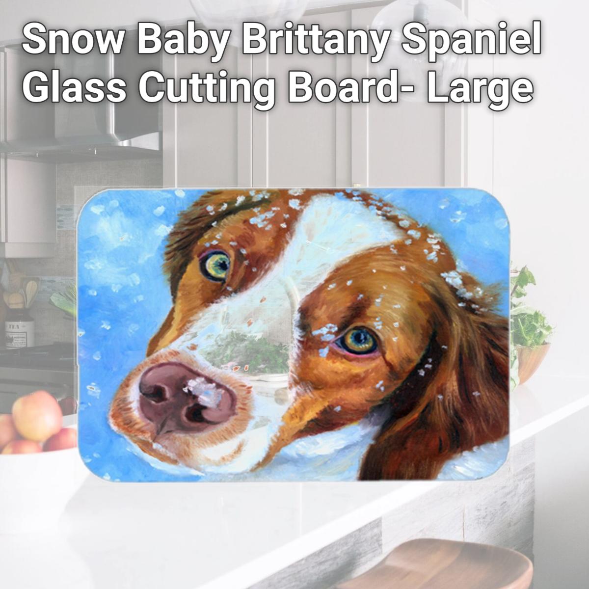 Picture of Carolines Treasures 7348LCB Snow Baby Brittany Spaniel Glass Cutting Board- Large