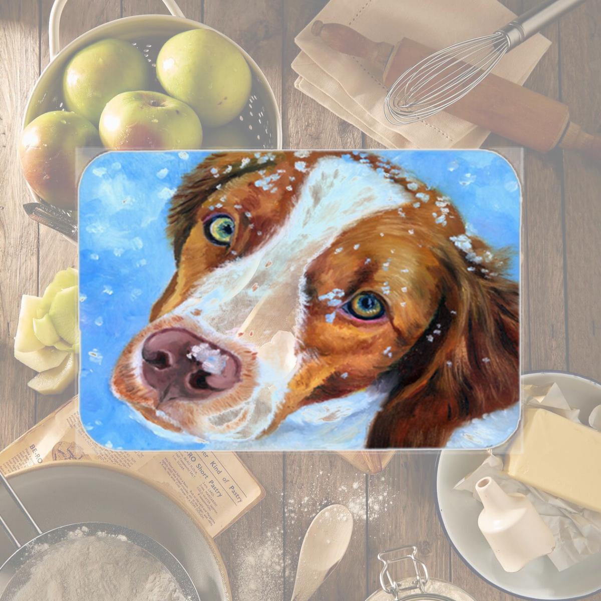 Picture of Carolines Treasures 7348LCB Snow Baby Brittany Spaniel Glass Cutting Board- Large