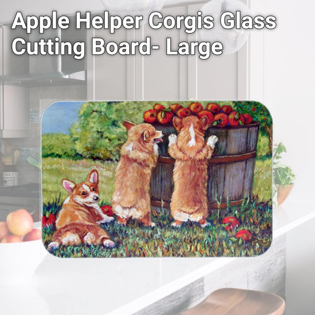 Picture of Carolines Treasures 7351LCB Apple Helper Corgis Glass Cutting Board- Large