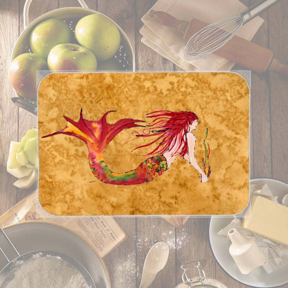 Picture of Carolines Treasures 8727LCB Ginger Red Headed Mermaid On Gold Glass Cutting Board- Large