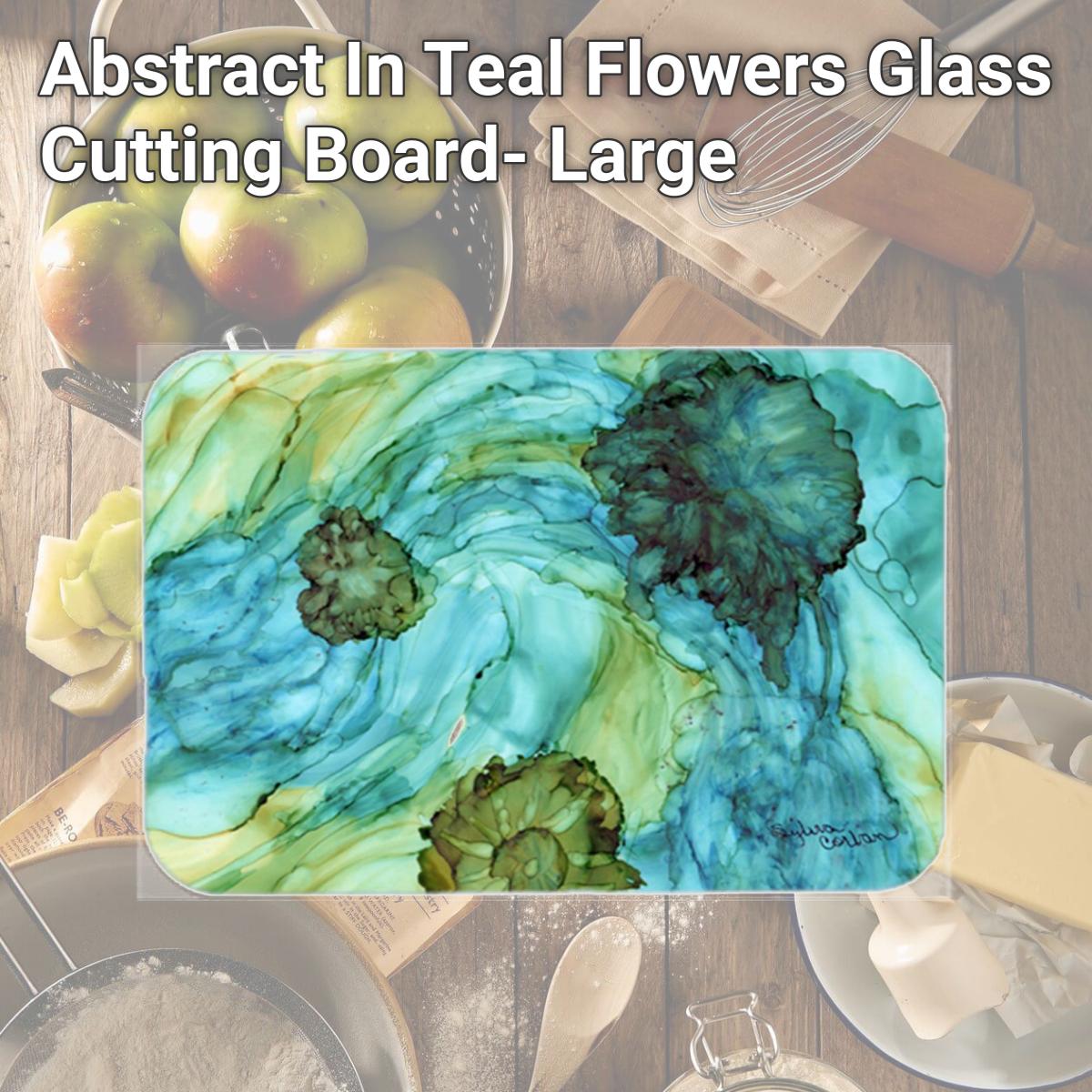 Picture of Carolines Treasures 8952LCB Abstract In Teal Flowers Glass Cutting Board- Large