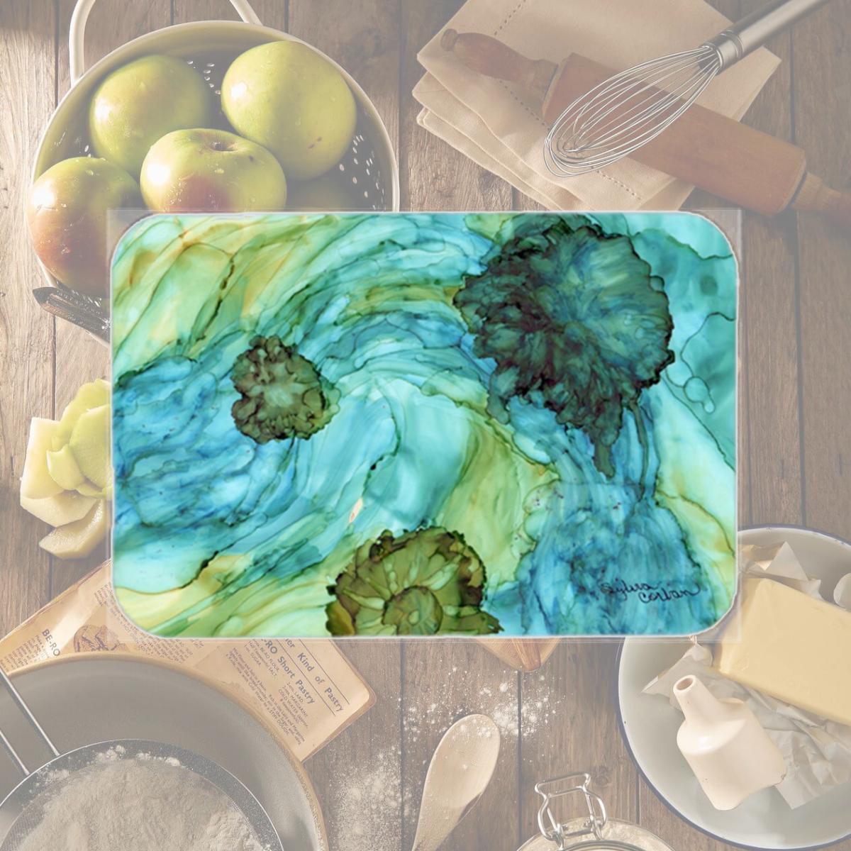 Picture of Carolines Treasures 8952LCB Abstract In Teal Flowers Glass Cutting Board- Large