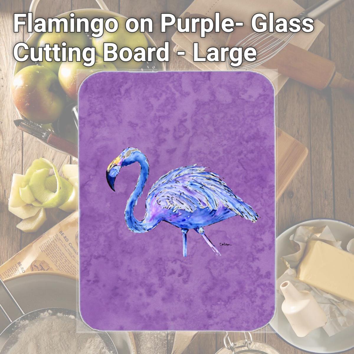 Picture of Carolines Treasures 8874LCB Flamingo on Purple- Glass Cutting Board - Large