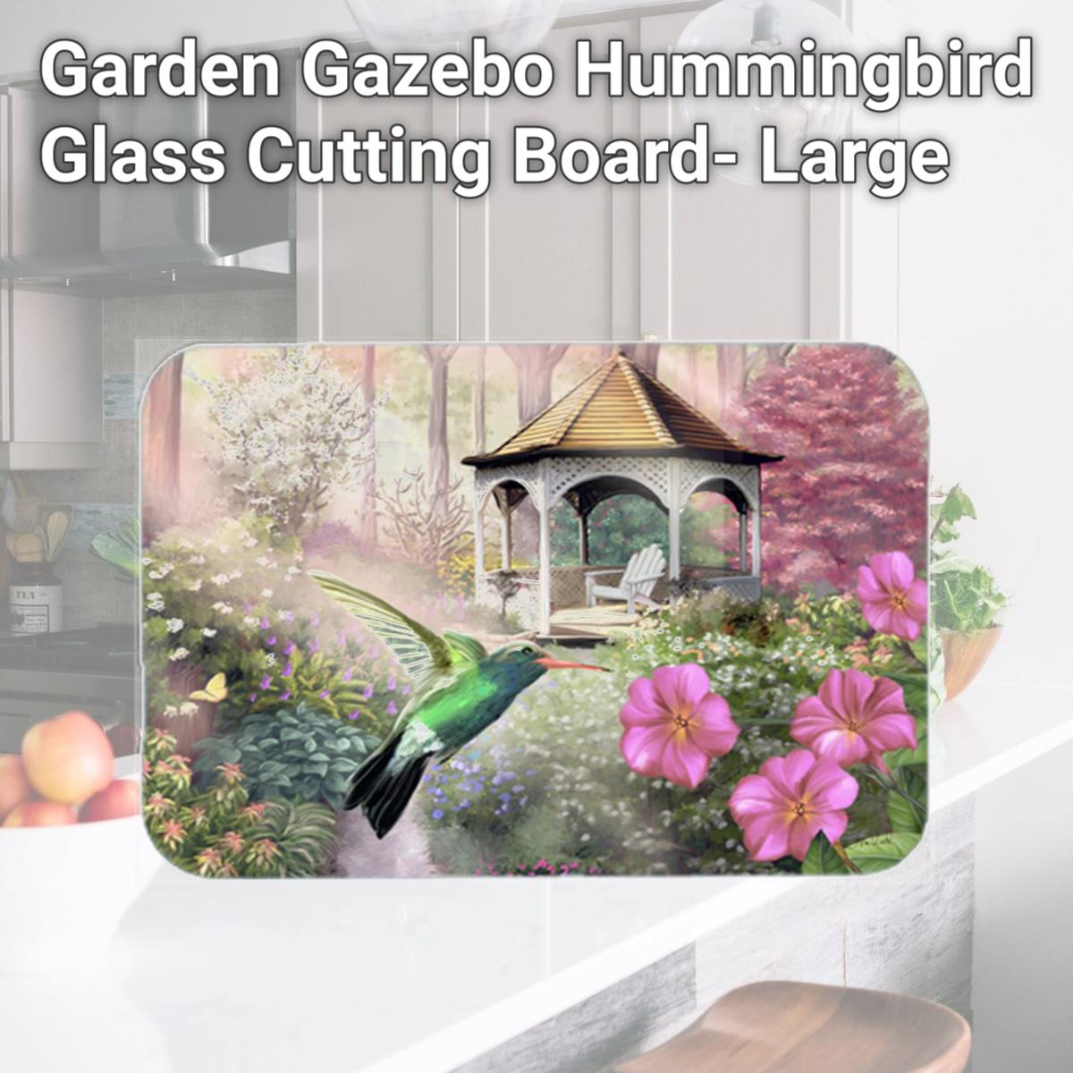 Picture of Carolines Treasures PTW2052LCB Garden Gazebo Hummingbird Glass Cutting Board- Large