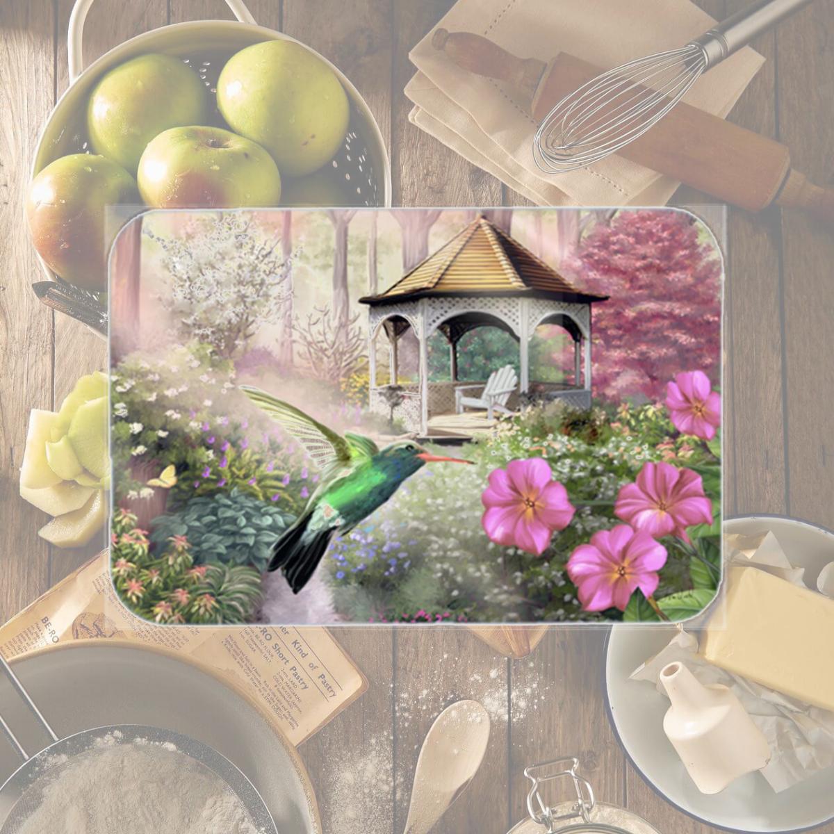 Picture of Carolines Treasures PTW2052LCB Garden Gazebo Hummingbird Glass Cutting Board- Large