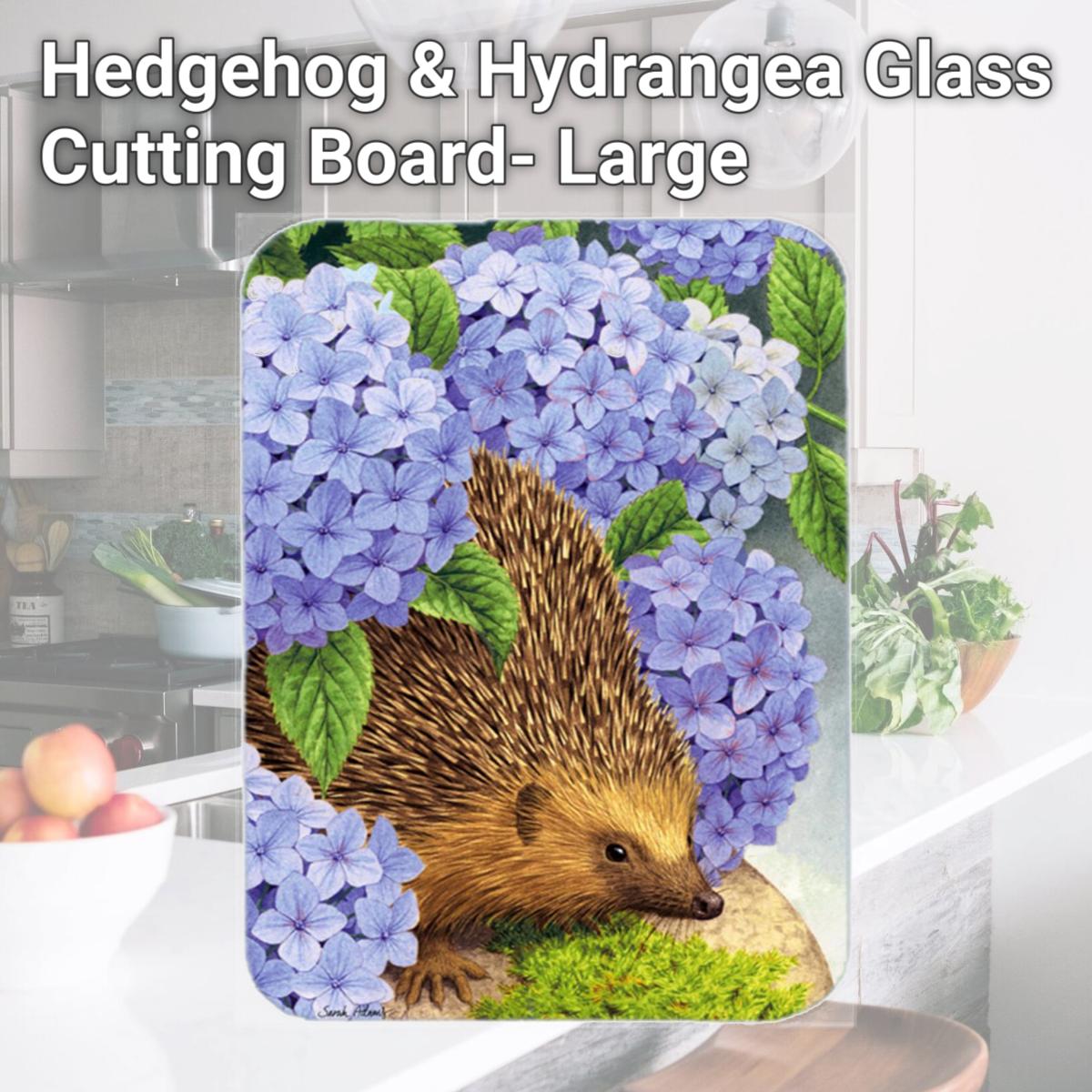 Picture of Carolines Treasures ASA2001LCB Hedgehog & Hydrangea Glass Cutting Board- Large