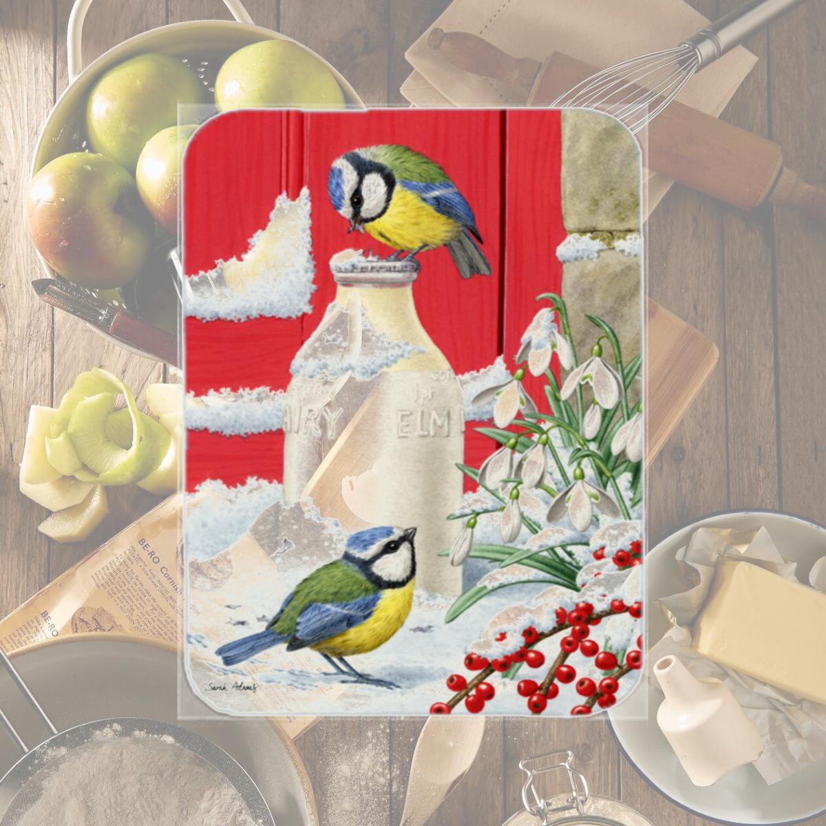 Picture of Carolines Treasures ASA2003LCB Eurasian Blue Tits Birds & Milk Bottles Glass Cutting Board- Large