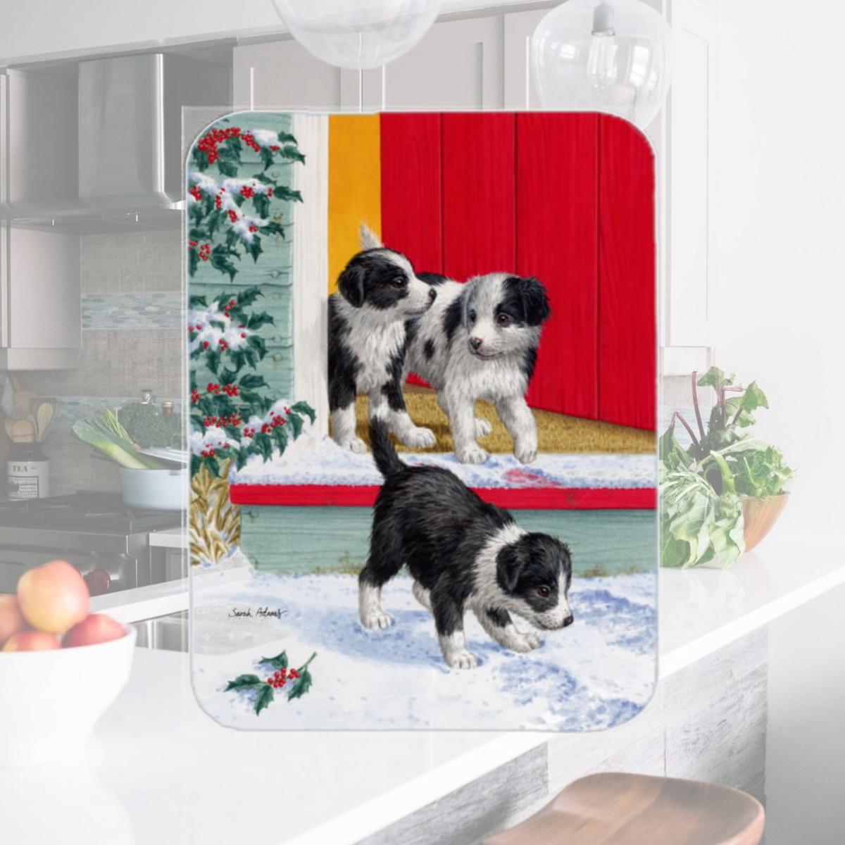 Picture of Carolines Treasures ASA2078LCB Christmas Border Collie Pups Glass Cutting Board- Large