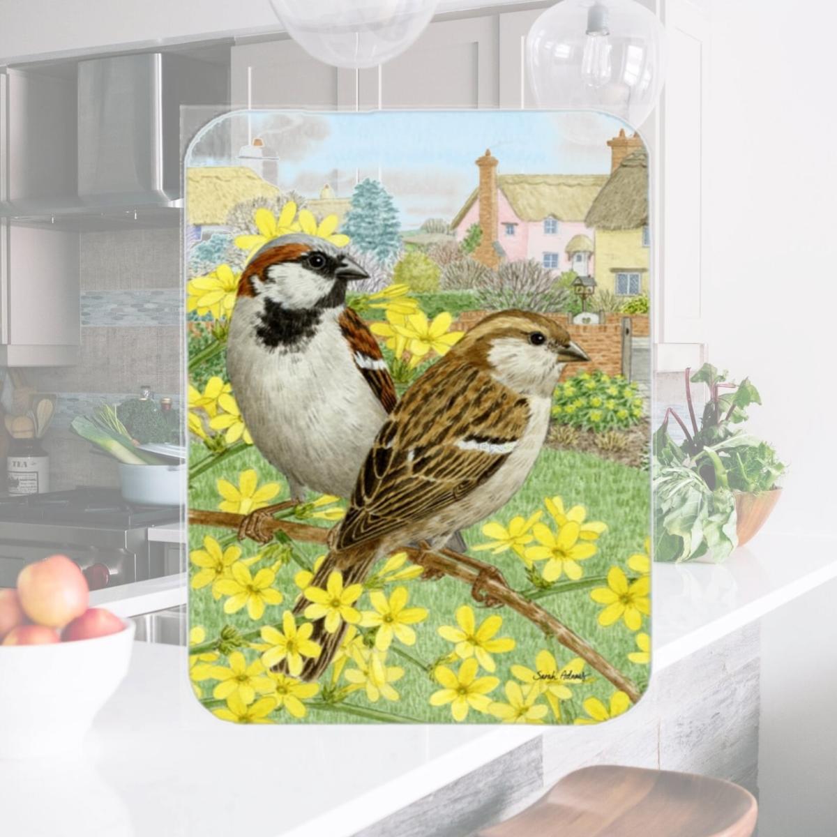 Picture of Carolines Treasures ASA2091LCB House Sparrows Glass Cutting Board- Large