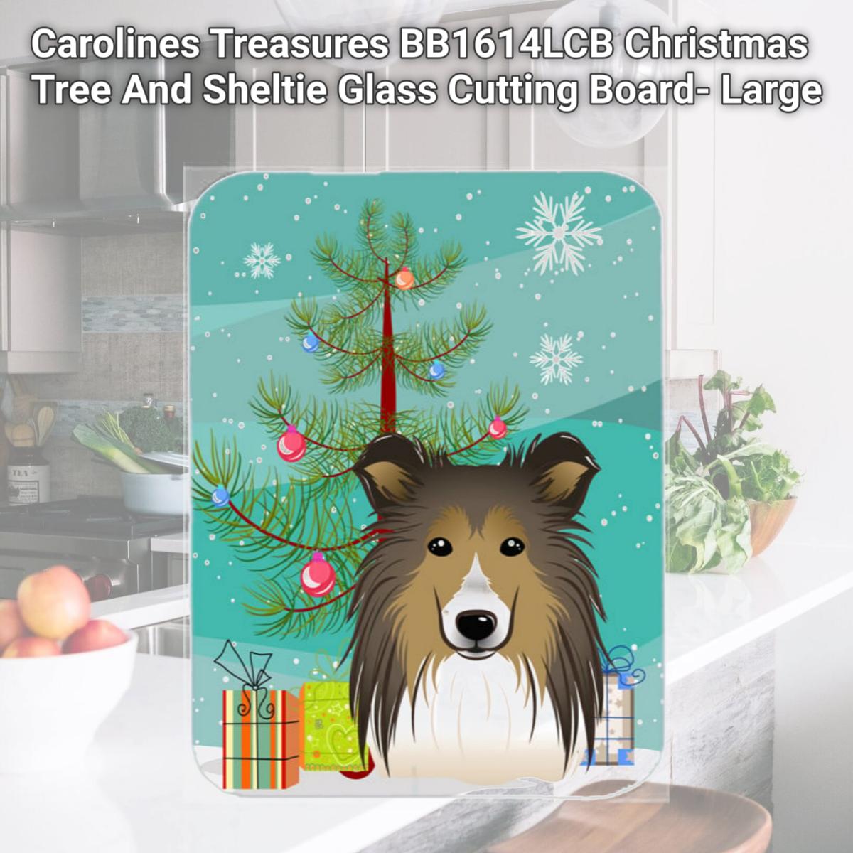 Picture of Carolines Treasures BB1614LCB Christmas Tree And Sheltie Glass Cutting Board- Large