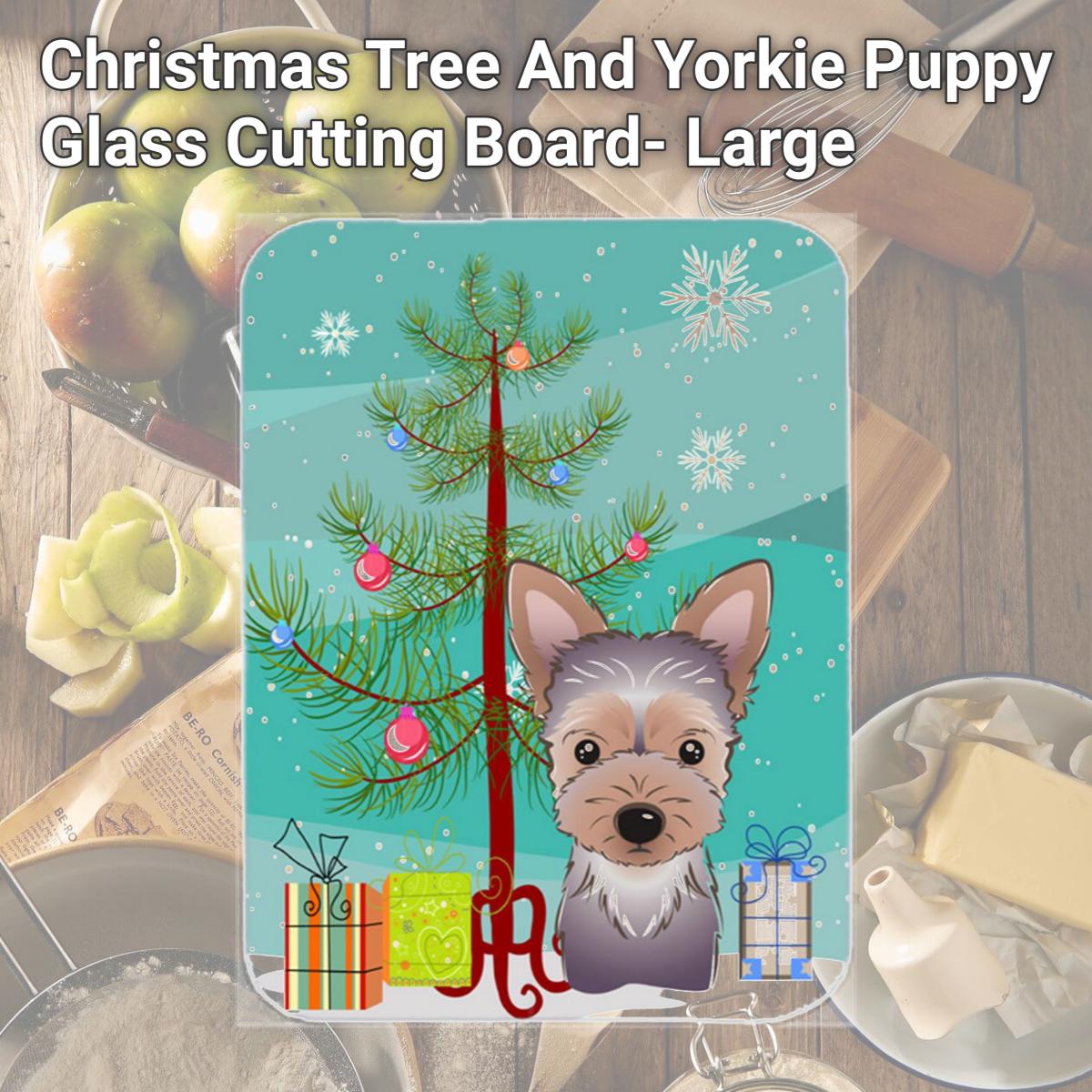 Picture of Carolines Treasures BB1604LCB Christmas Tree And Yorkie Puppy Glass Cutting Board- Large