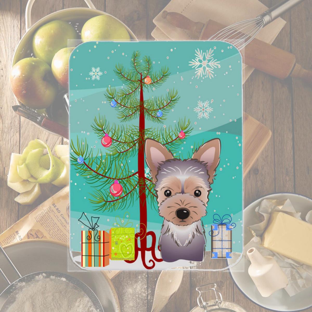 Picture of Carolines Treasures BB1604LCB Christmas Tree And Yorkie Puppy Glass Cutting Board- Large